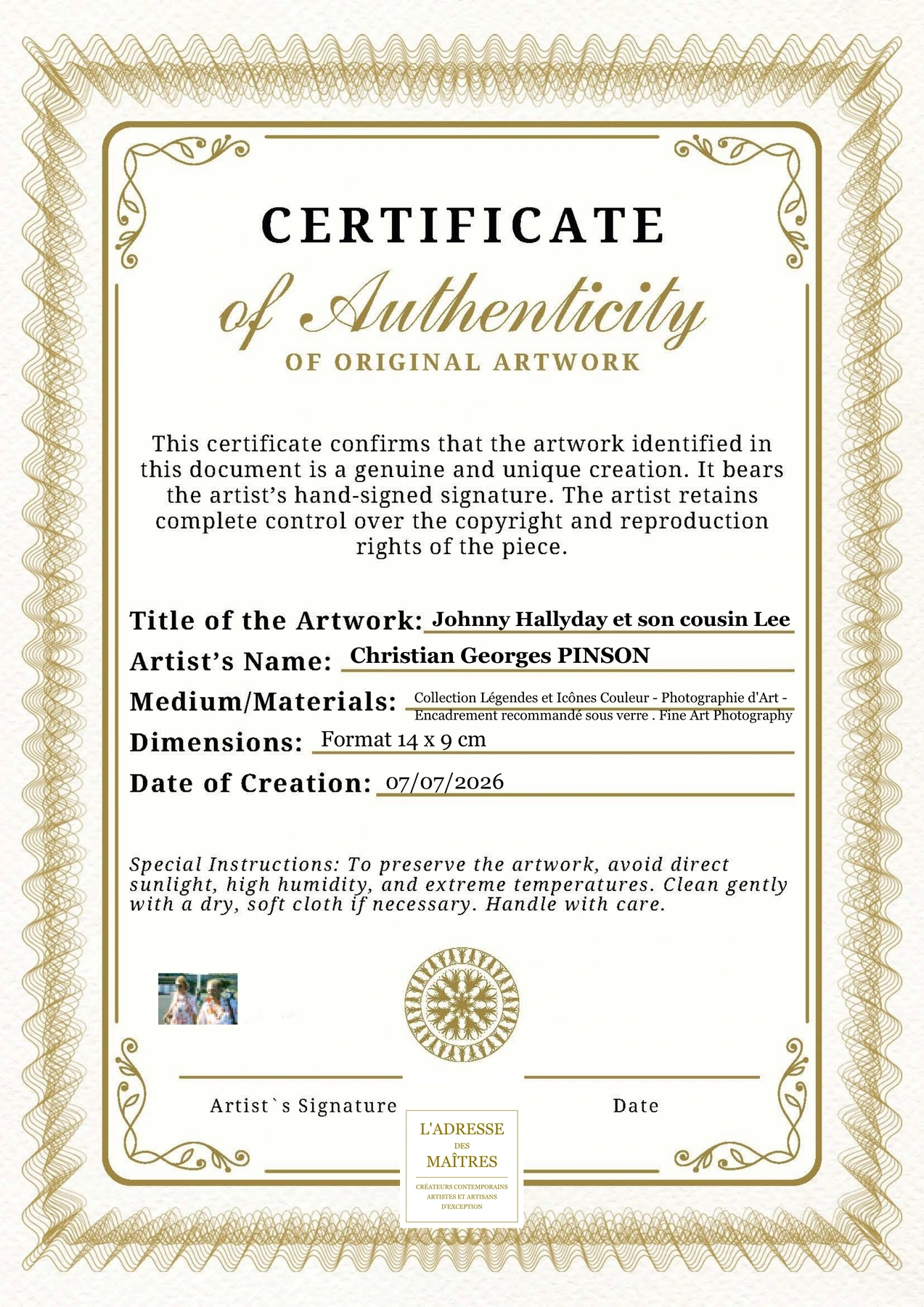 Certificat d'authenticité - Johnny Hallyday et son cousin Lee - Christian Georges PINSON