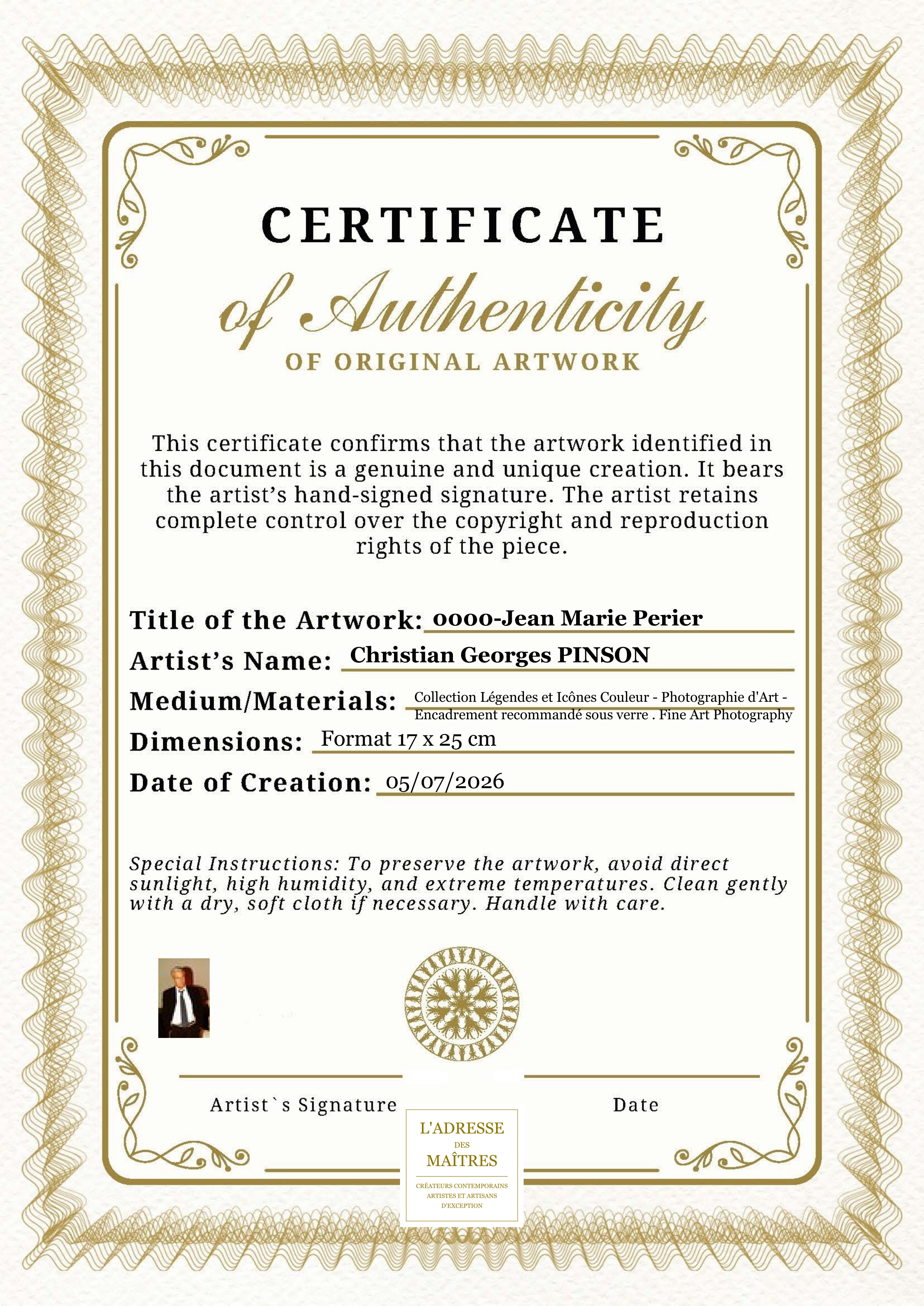 Certificat d'authenticité — 0000-Jean Marie Perier — Christian Georges PINSON