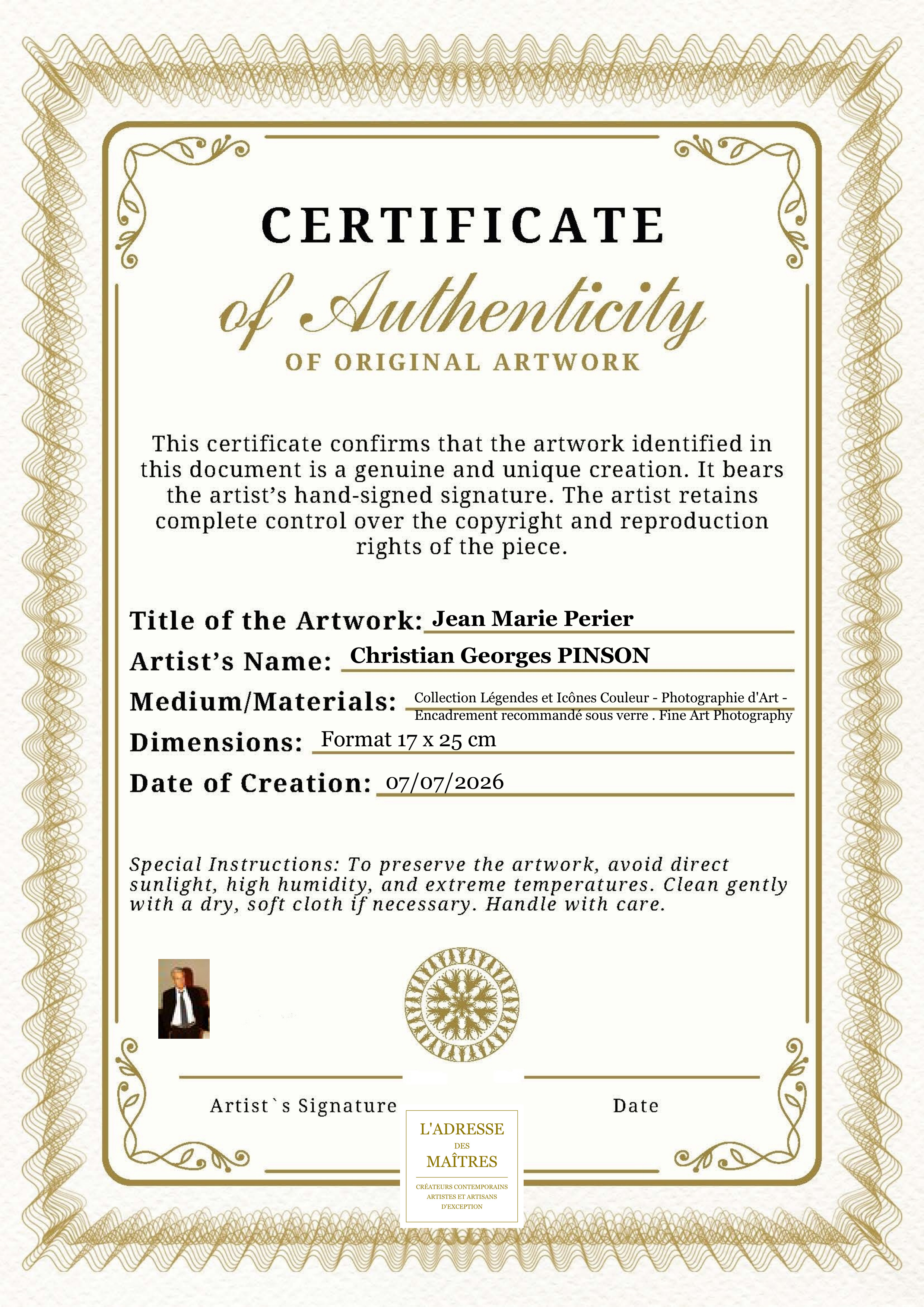 Certificat d'authenticité — Jean Marie Perier — Christian Georges PINSON