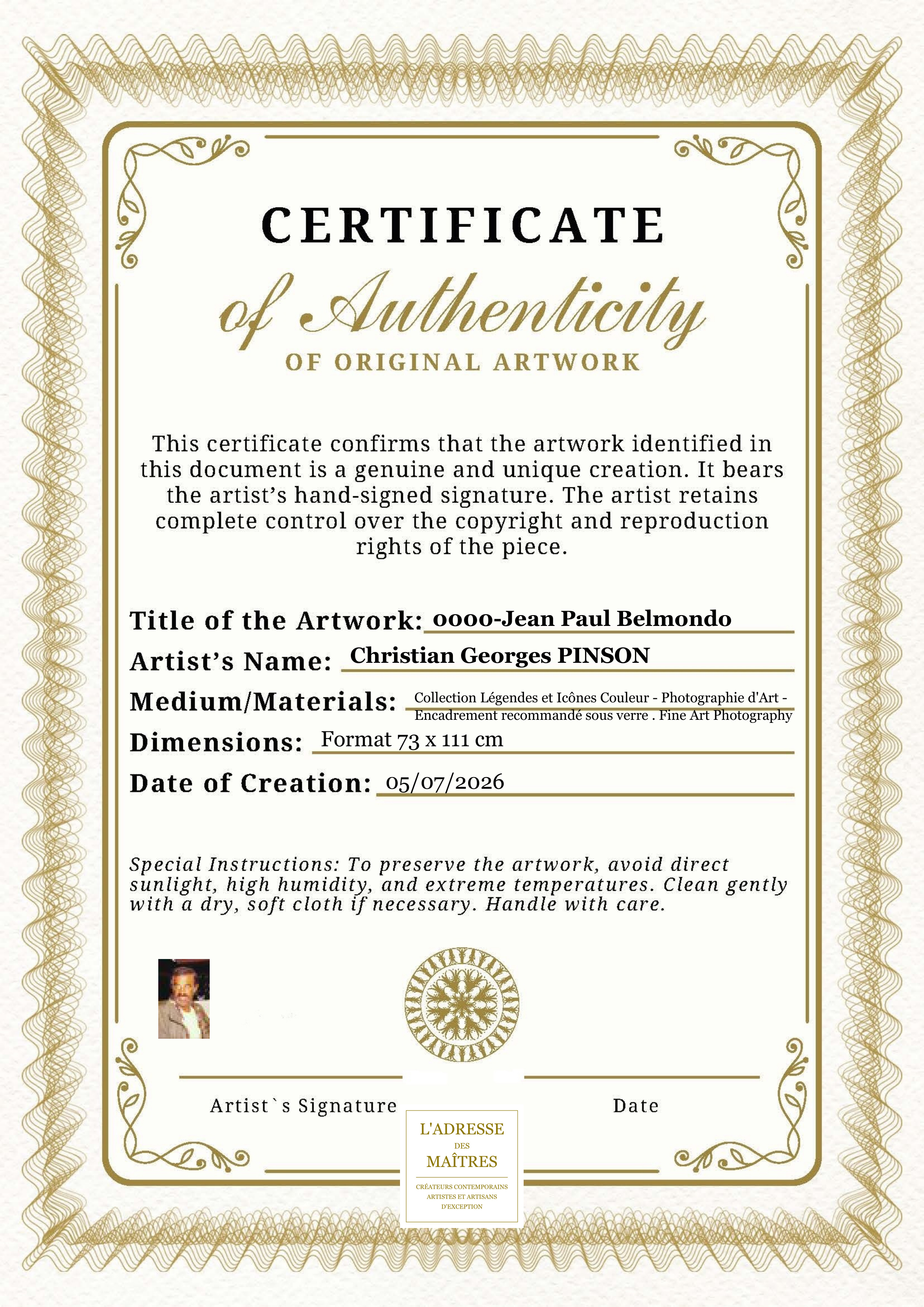 Certificat d'authenticité — 0000-Jean Paul Belmondo — Christian Georges PINSON