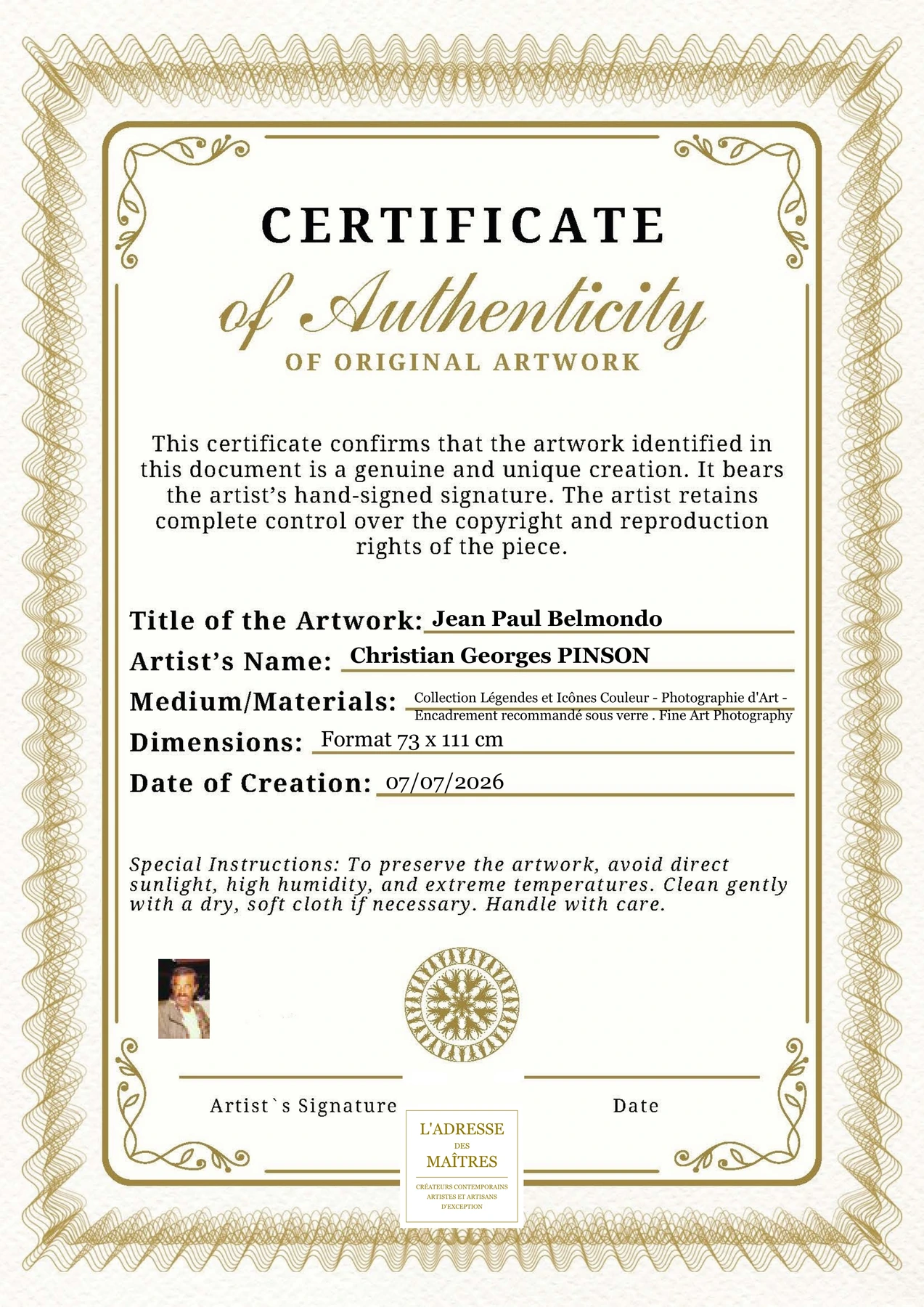 Certificat d'authenticité - Jean Paul Belmondo - Christian Georges PINSON