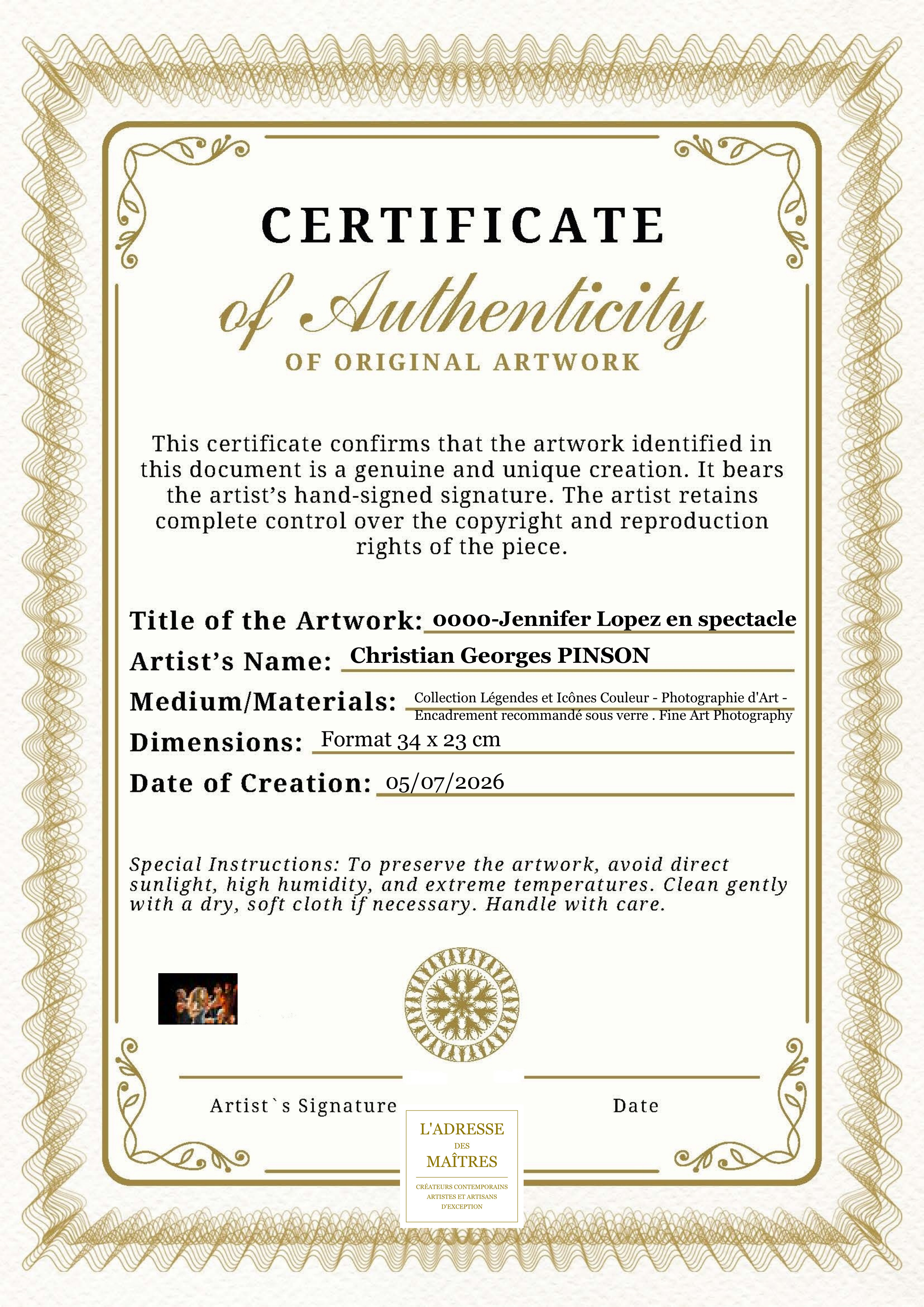 Certificat d'authenticité — 0000-Jennifer Lopez en spectacle — Christian Georges PINSON