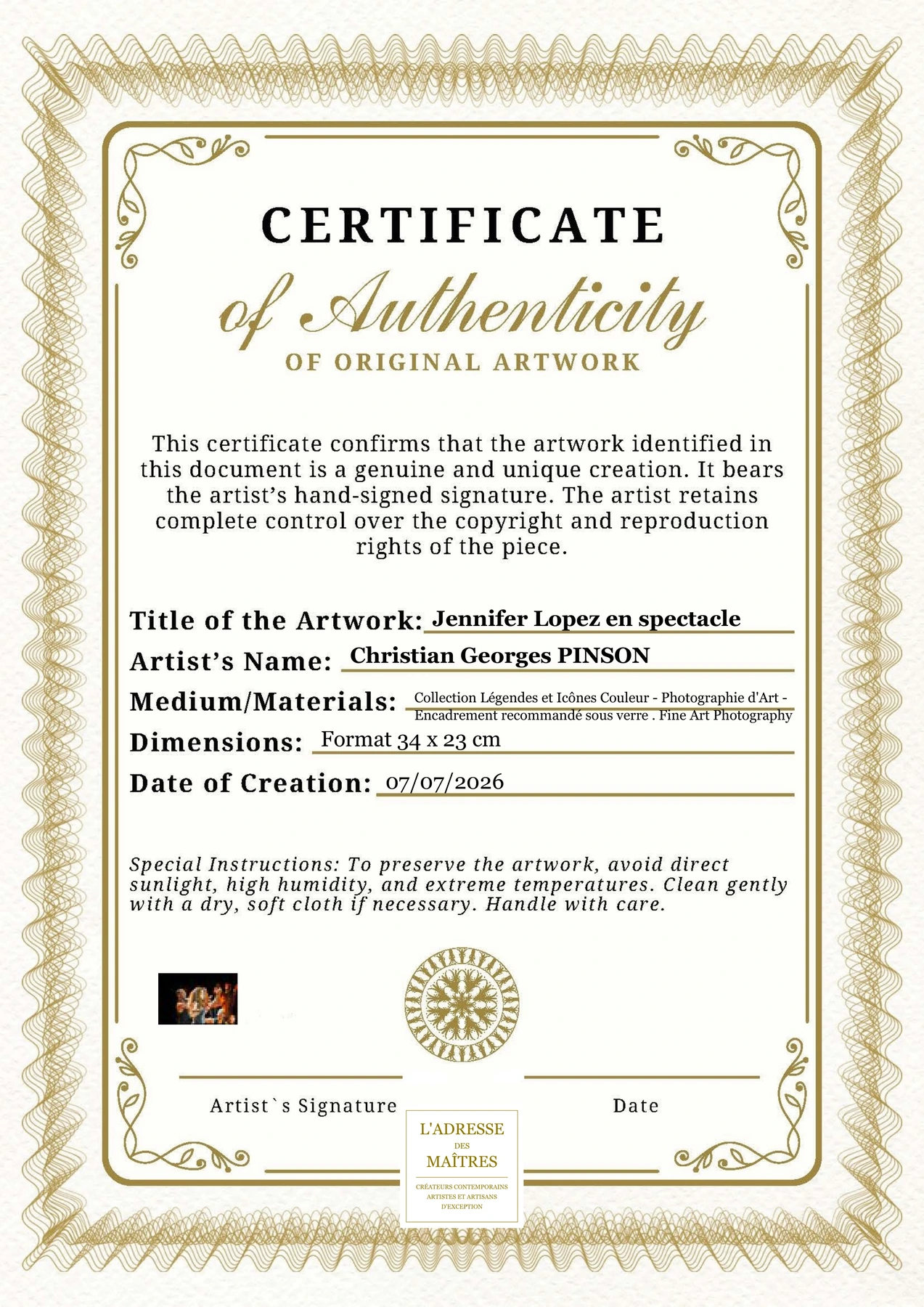 Certificat d'authenticité - Jennifer Lopez en spectacle - Christian Georges PINSON