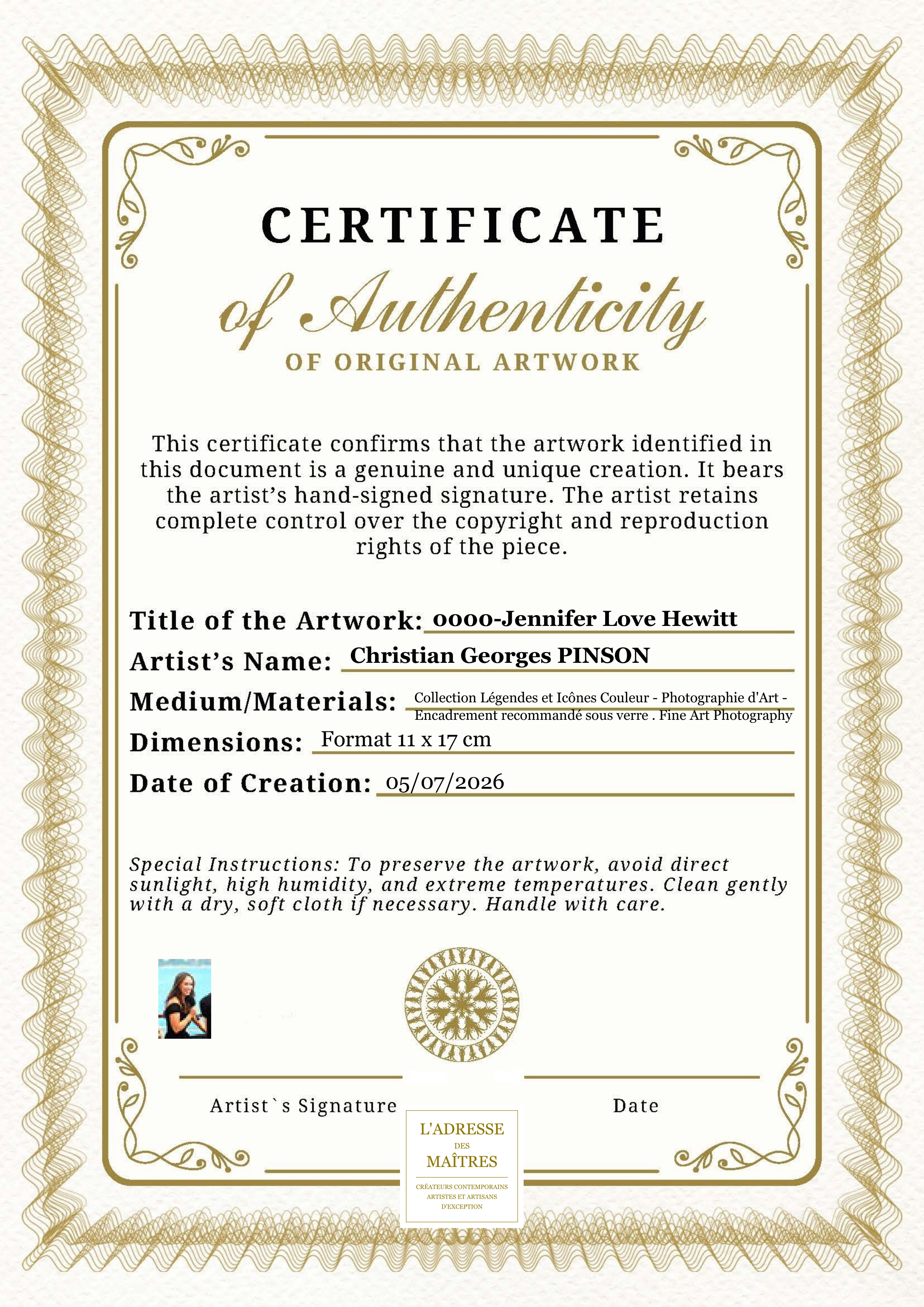 Certificat d'authenticité — 0000-Jennifer Love Hewitt — Christian Georges PINSON
