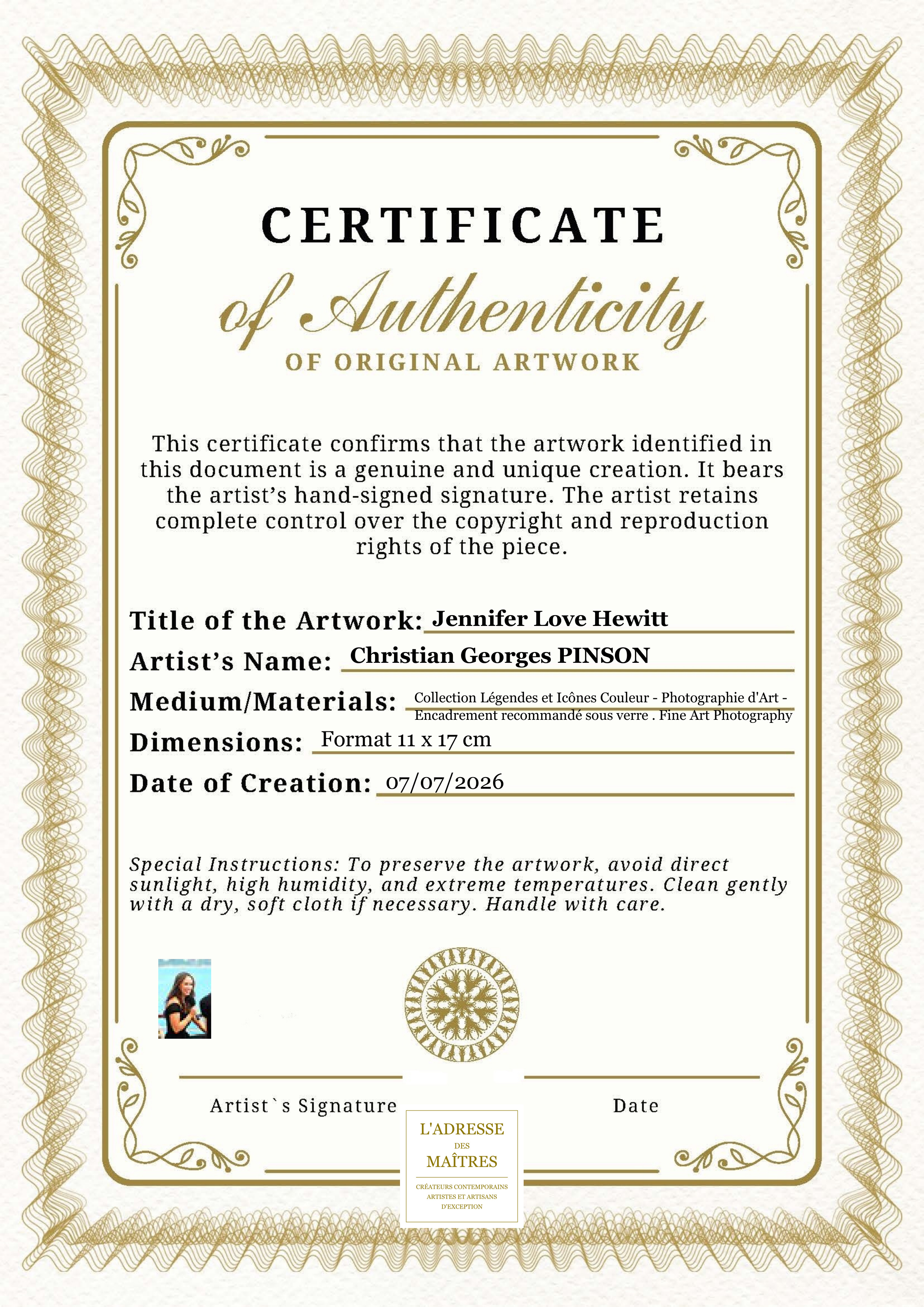 Certificat d'authenticité — Jennifer Love Hewitt — Christian Georges PINSON