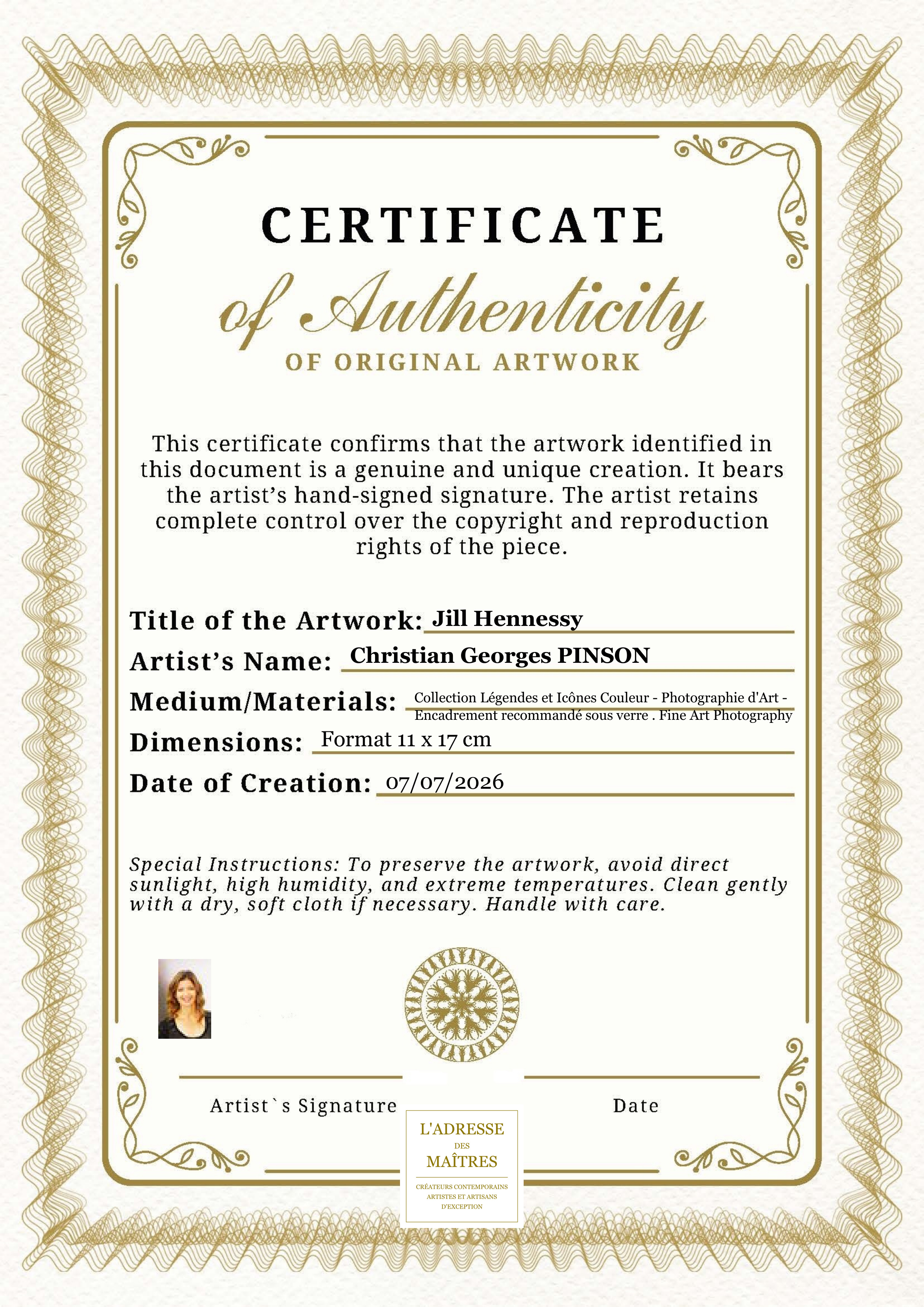 Certificat d'authenticité — Jill Hennessy — Christian Georges PINSON