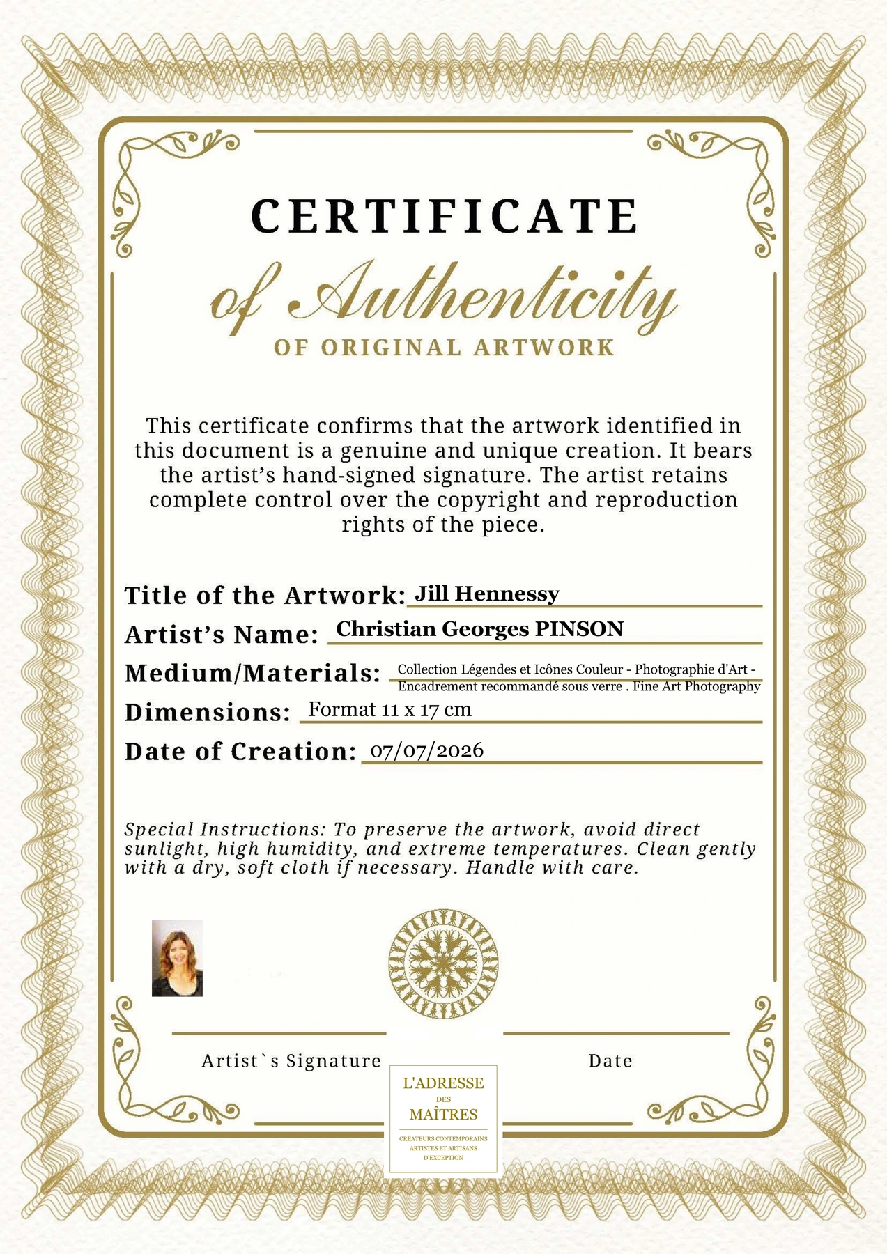 Certificat d'authenticité - Jill Hennessy - Christian Georges PINSON