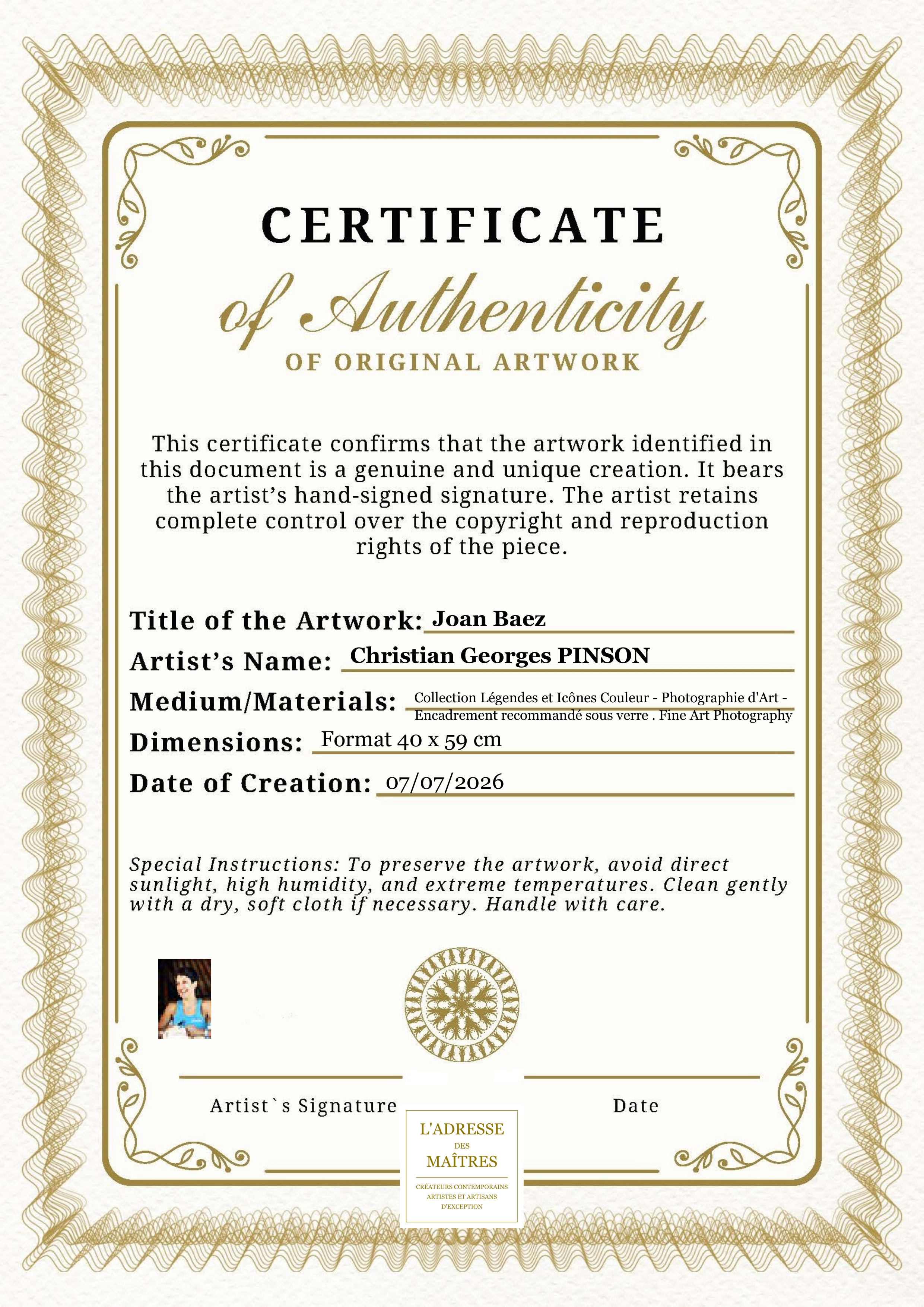 Certificat d'authenticité — Joan Baez — Christian Georges PINSON