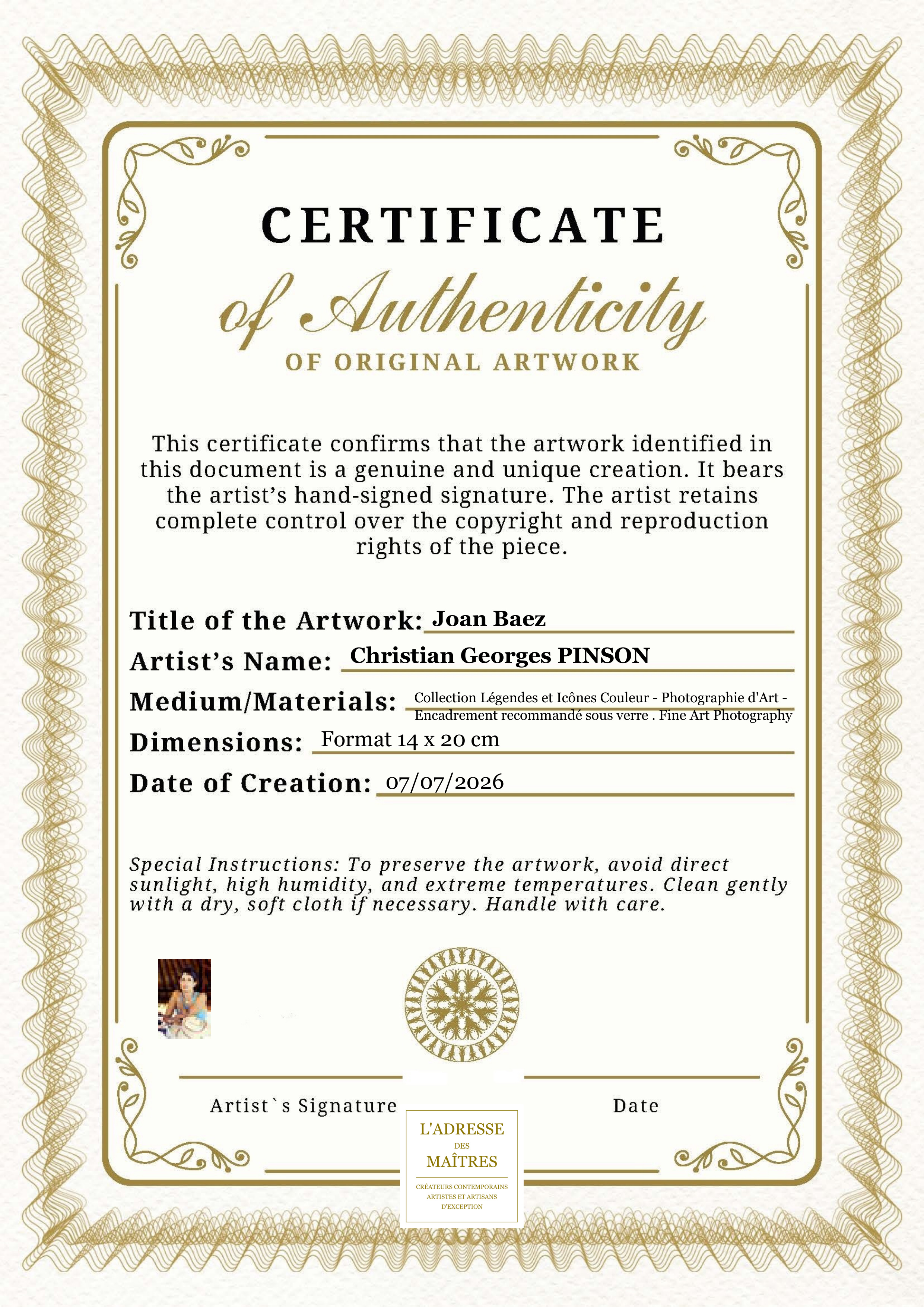 Certificat d'authenticité — Joan Baez — Christian Georges PINSON