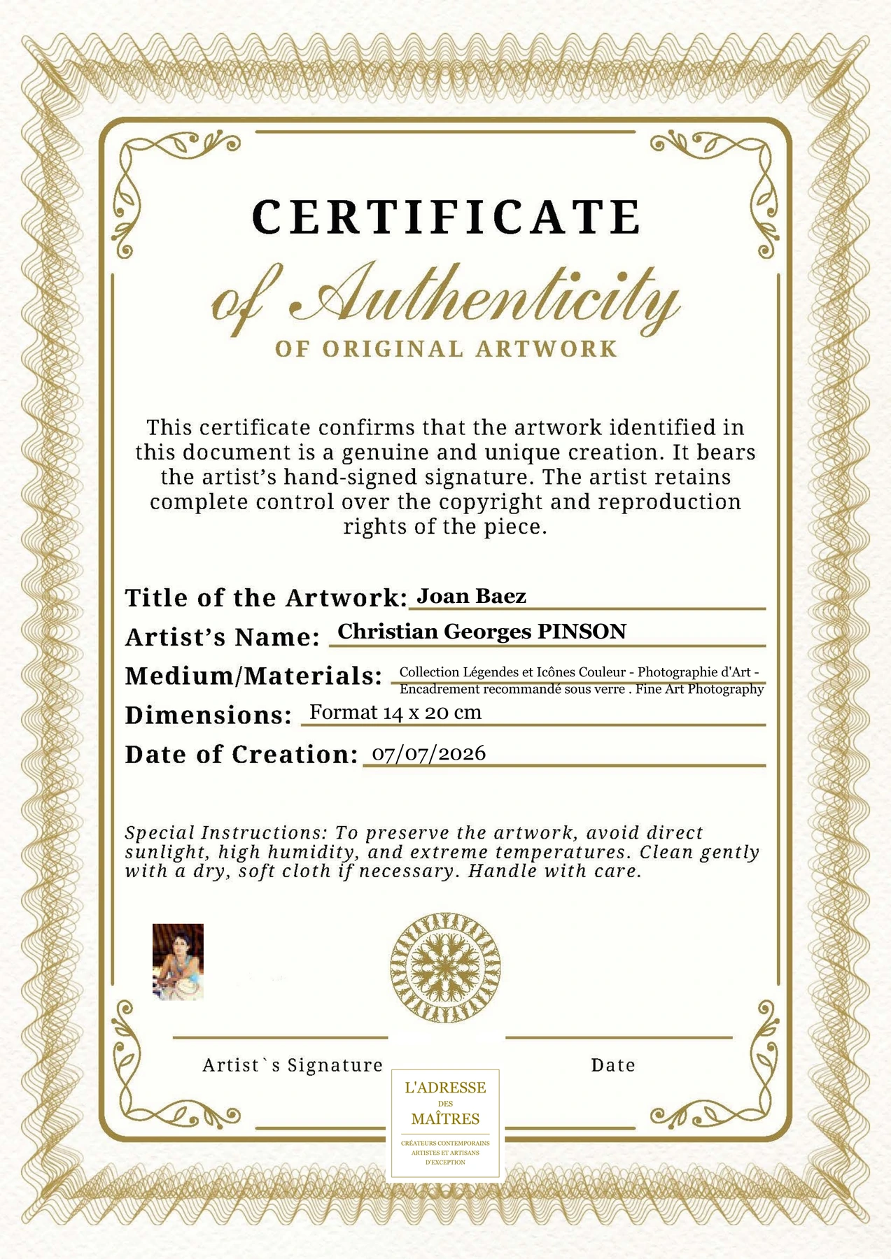 Certificat d'authenticité - Joan Baez - Christian Georges PINSON