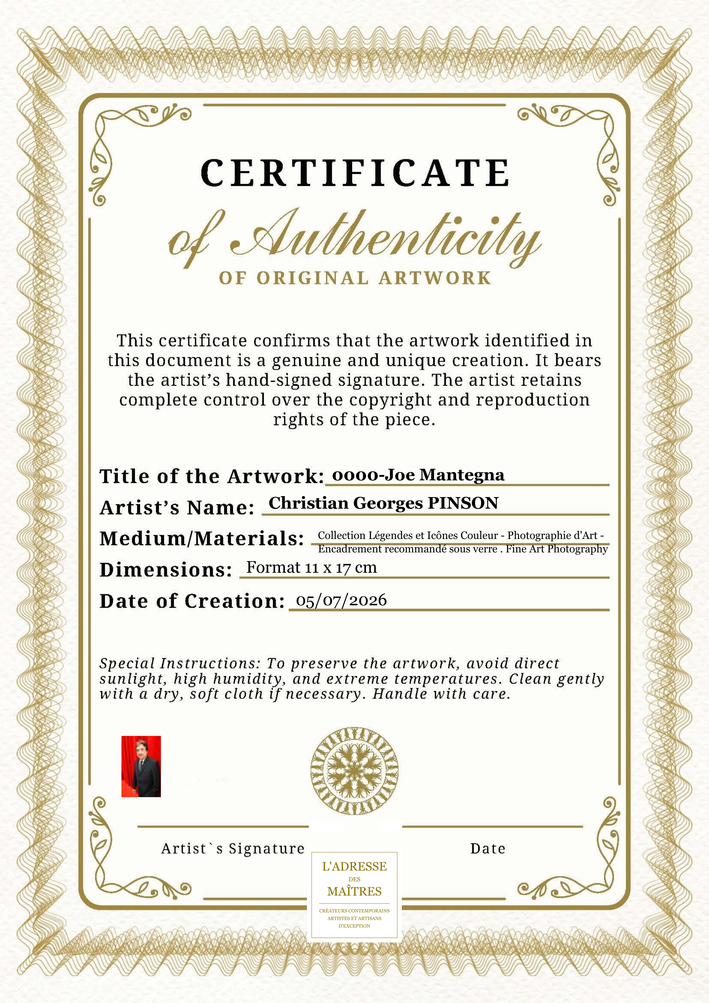 Certificat d'authenticité — 0000-Joe Mantegna — Christian Georges PINSON