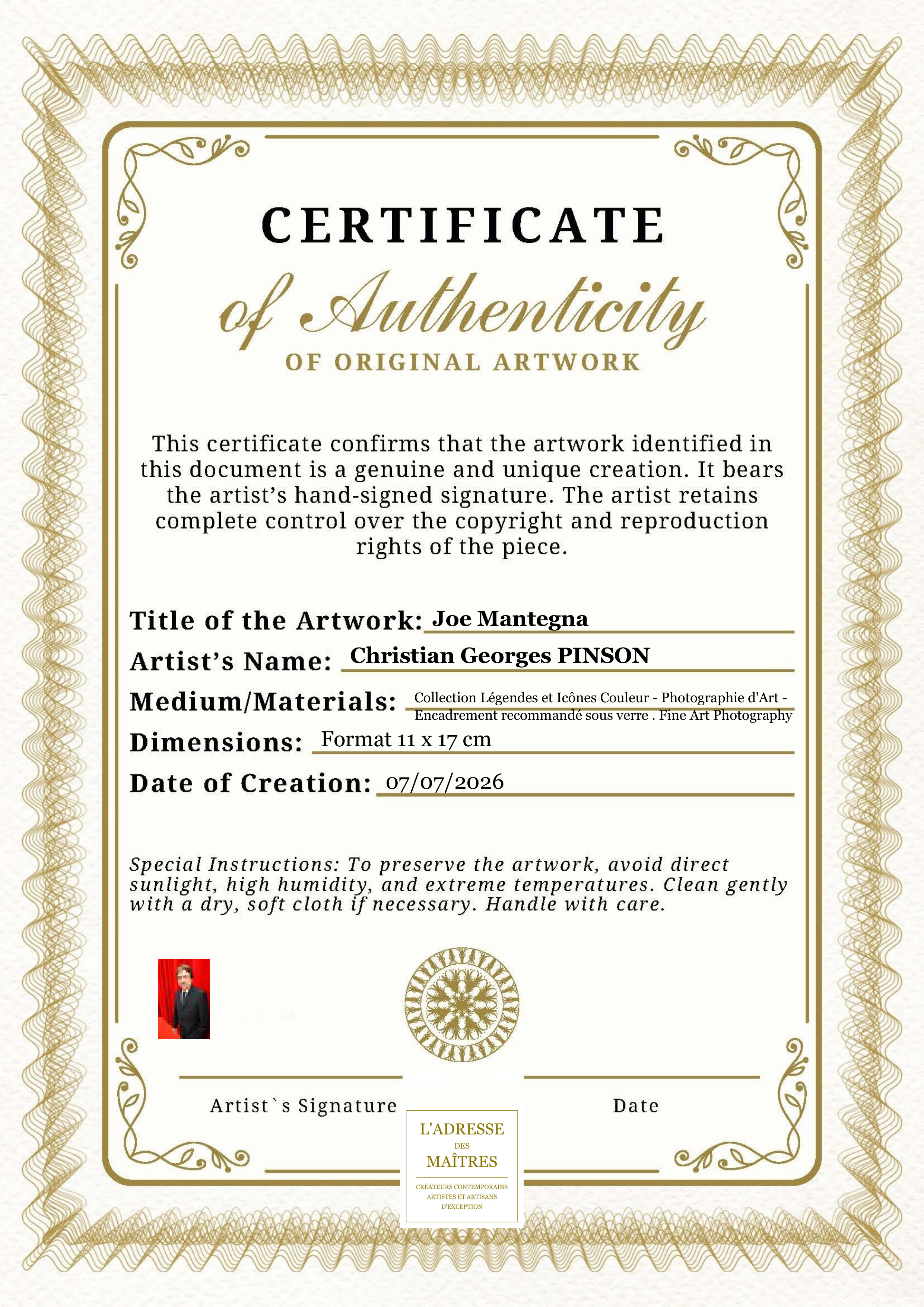 Certificat d'authenticité — Joe Mantegna — Christian Georges PINSON