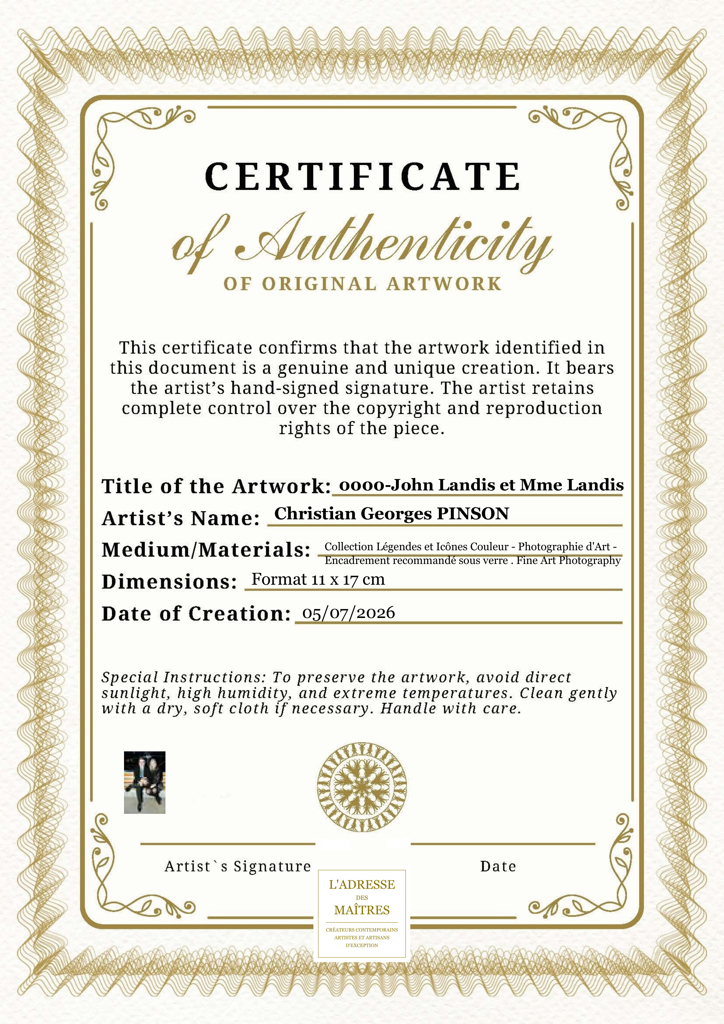 Certificat d'authenticité — 0000-John Landis et Mme Landis — Christian Georges PINSON