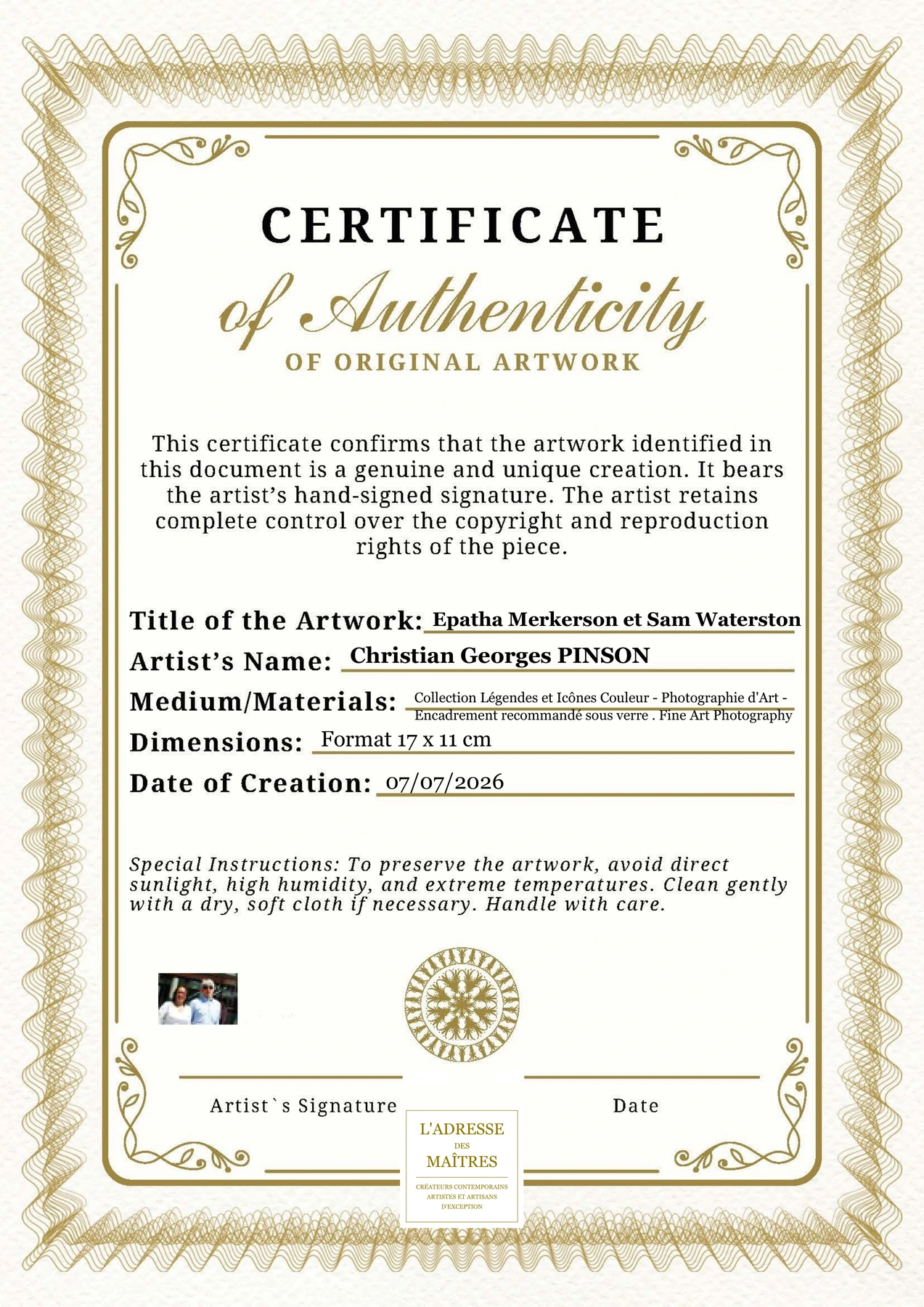 Certificat d'authenticité - Epatha Merkerson et Sam Waterston - Christian Georges PINSON