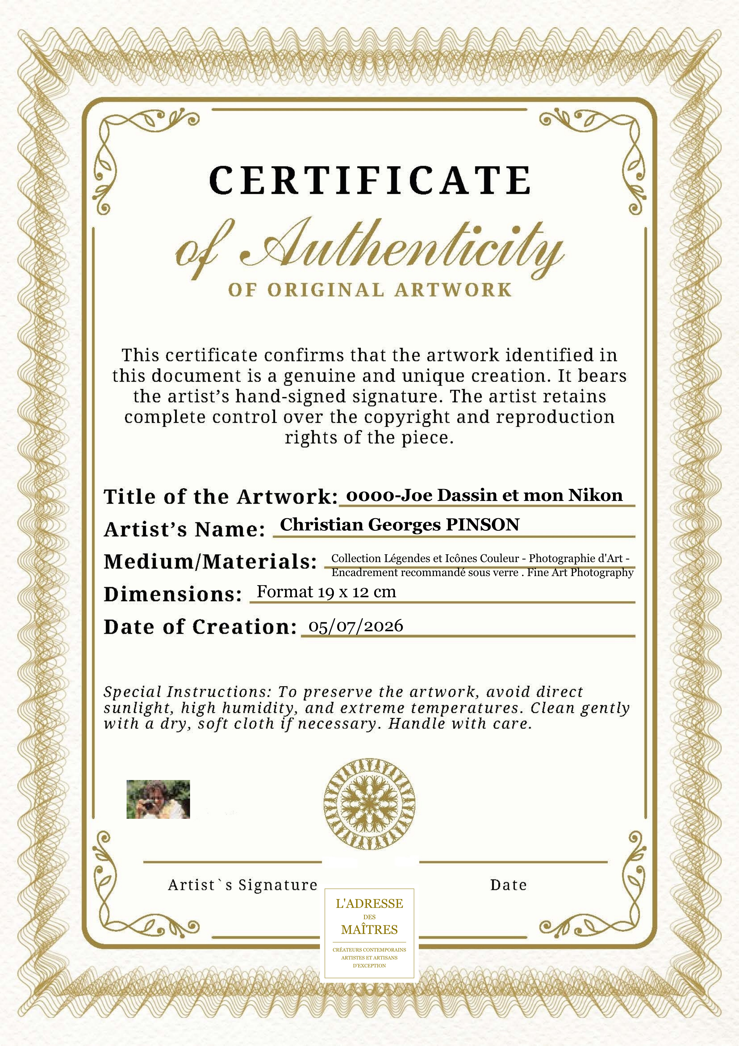 Certificat d'authenticité — 0000-Joe Dassin et mon Nikon — Christian Georges PINSON