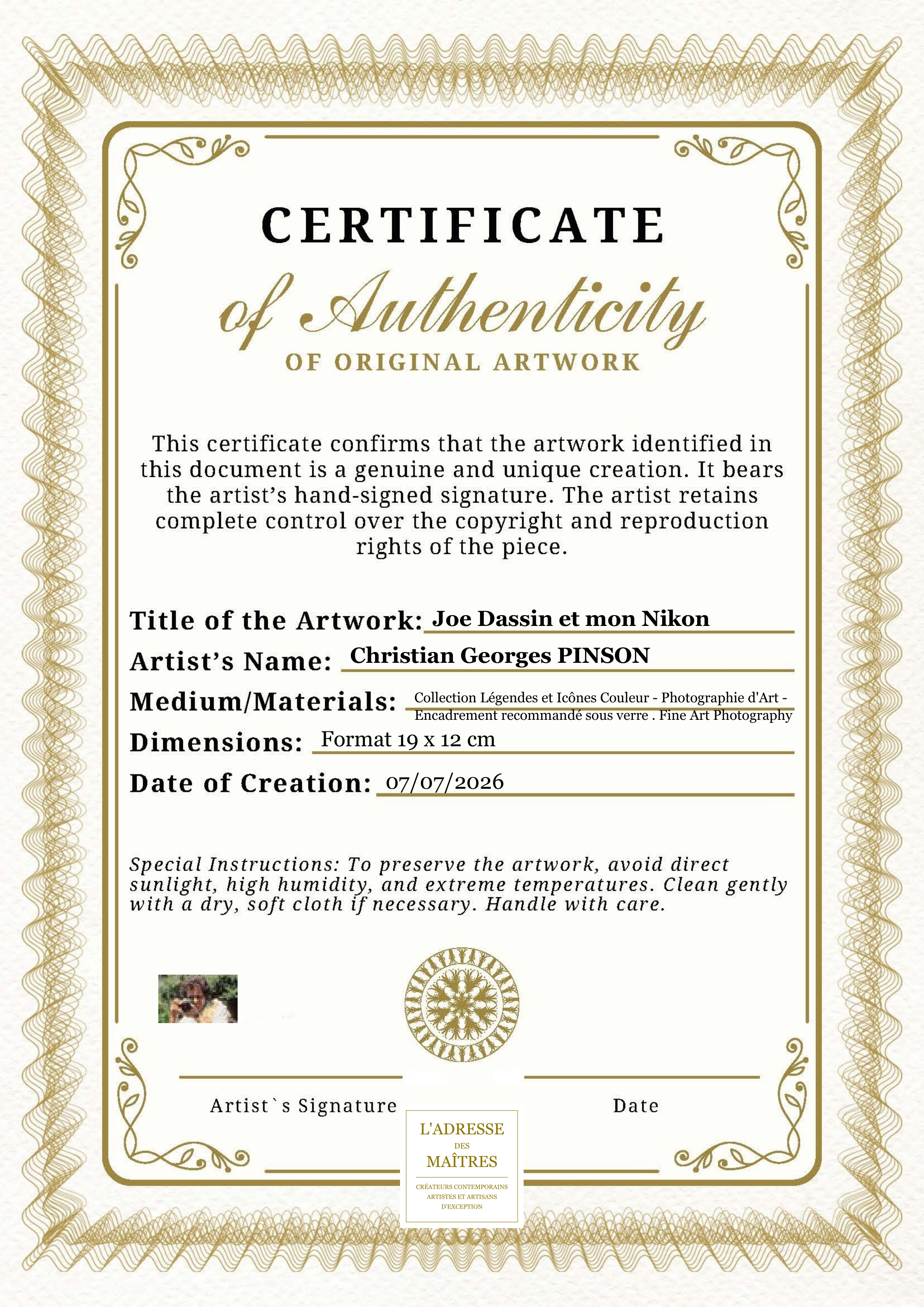 Certificat d'authenticité — Joe Dassin et mon Nikon — Christian Georges PINSON