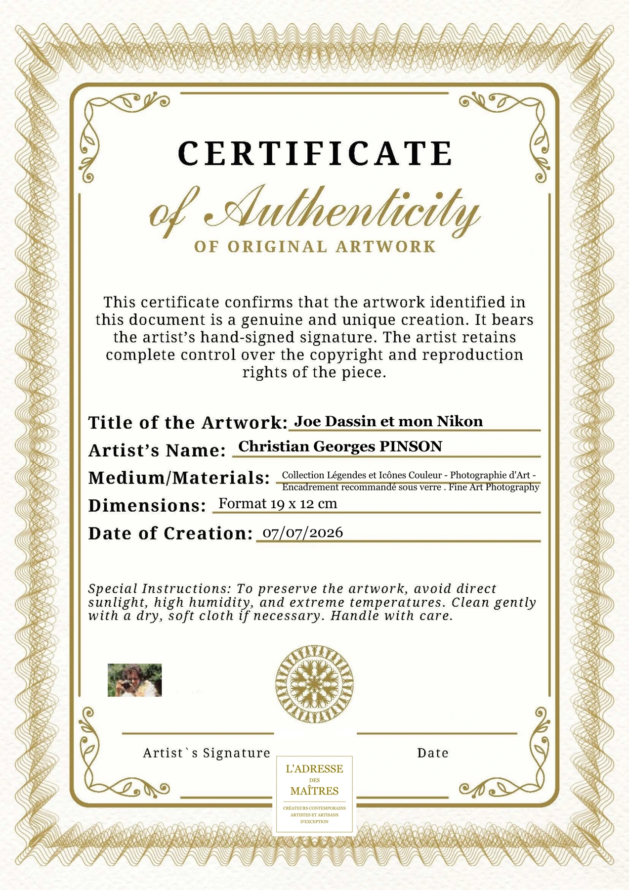 Certificat d'authenticité - Joe Dassin et mon Nikon - Christian Georges PINSON