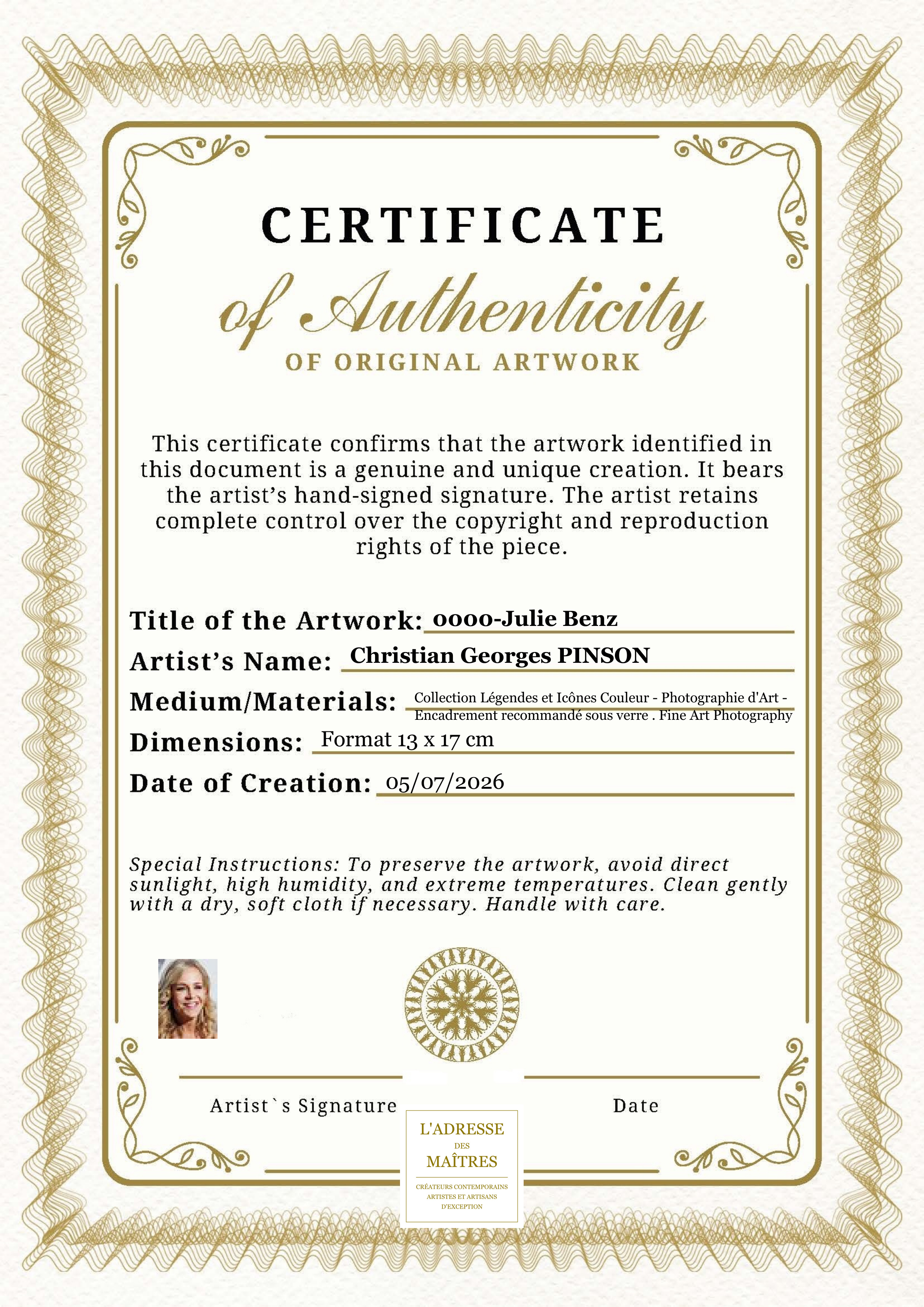 Certificat d'authenticité — 0000-Julie Benz — Christian Georges PINSON