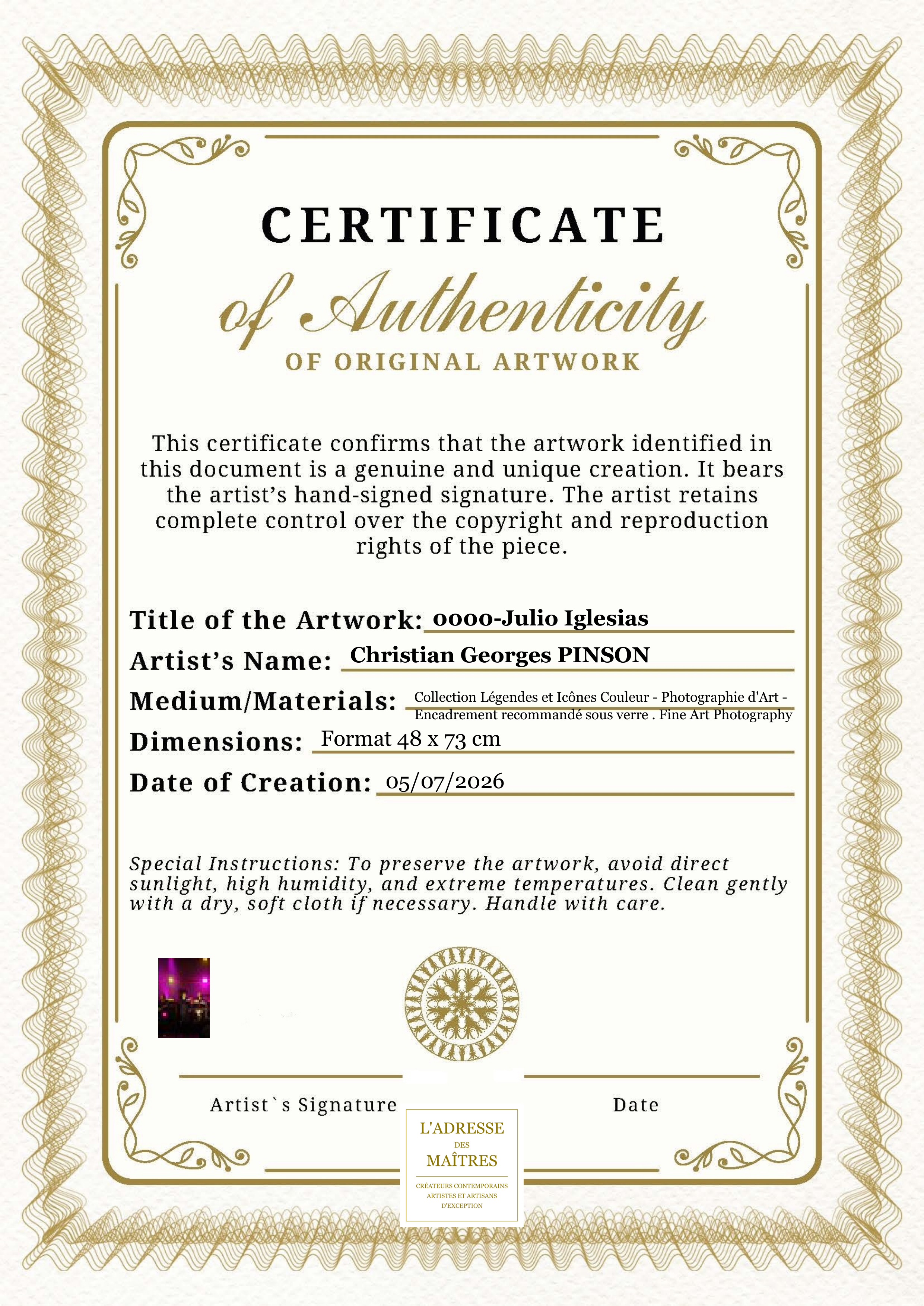 Certificat d'authenticité — 0000-Julio Iglesias — Christian Georges PINSON