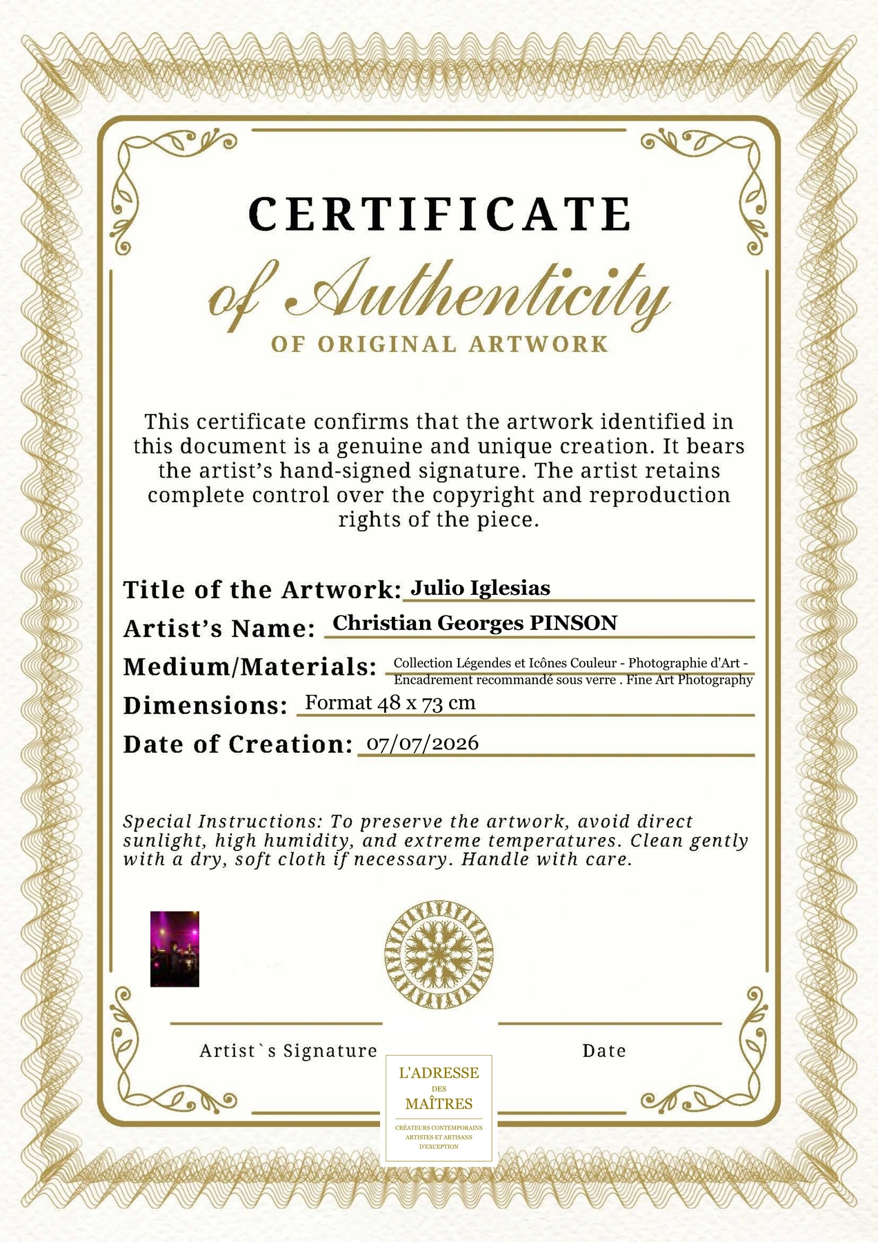 Certificat d'authenticité - Julio Iglesias - Christian Georges PINSON