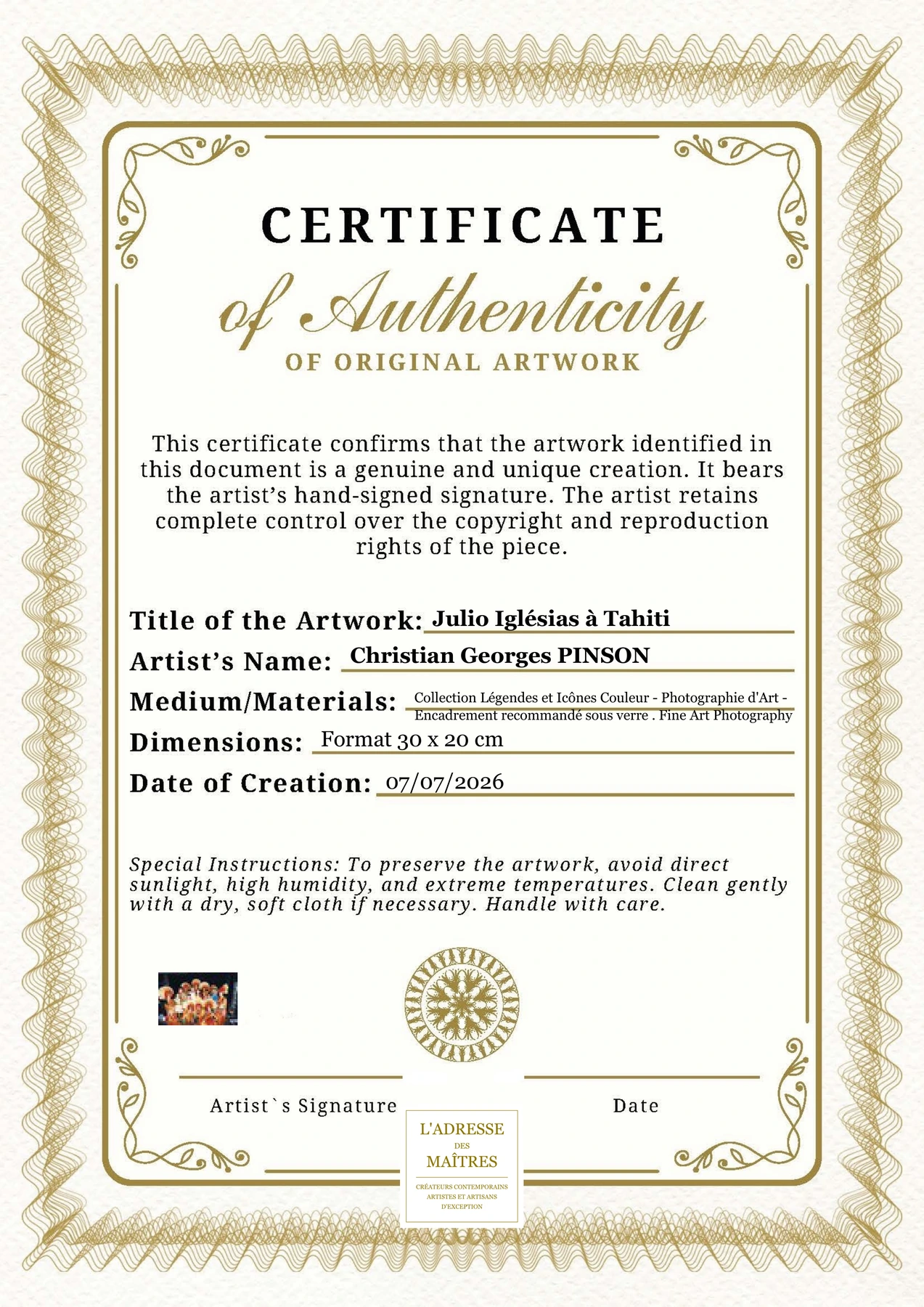 Certificat d'authenticité - Julio Iglésias à Tahiti - Christian Georges PINSON