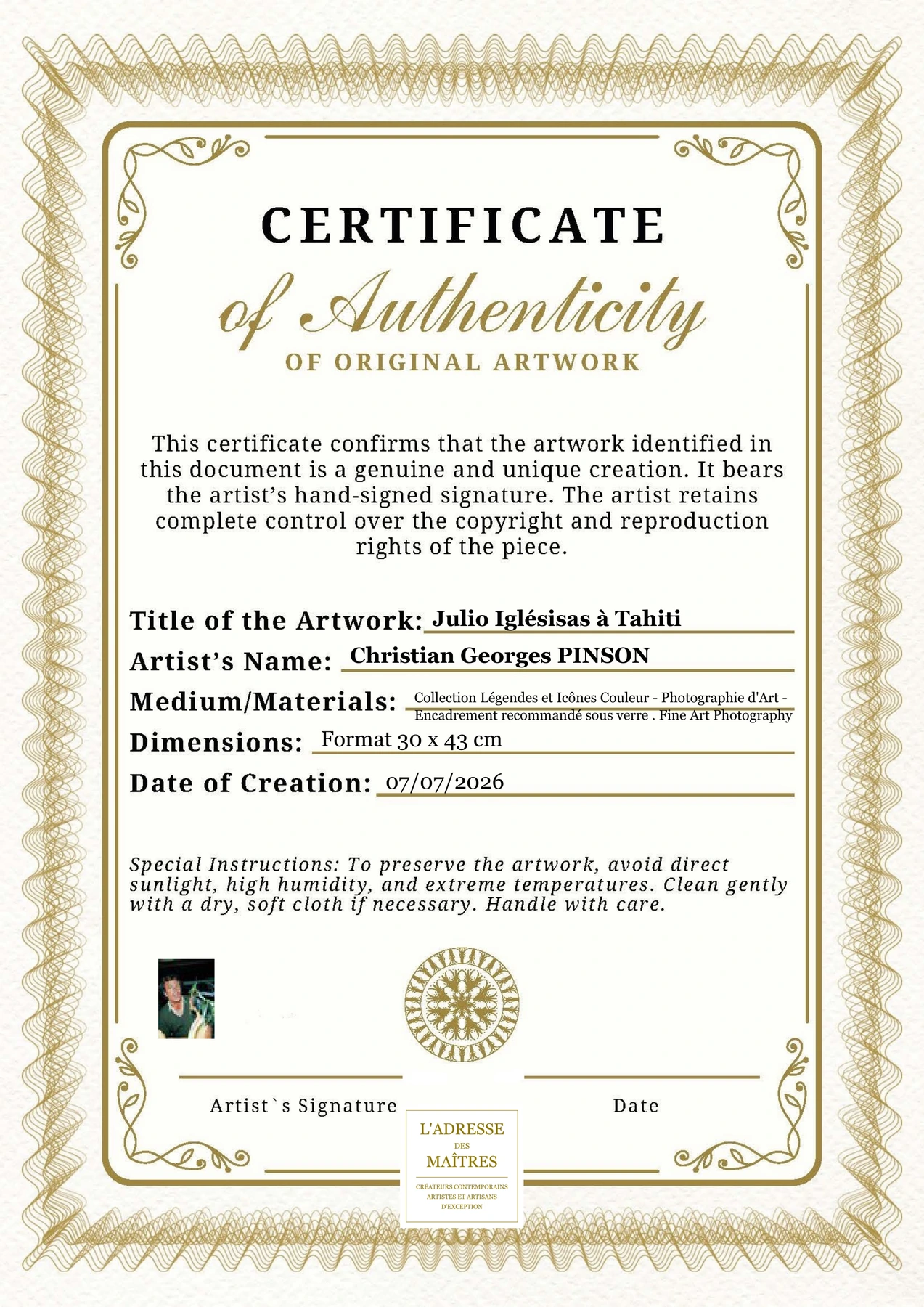 Certificat d'authenticité - Julio Iglésisas à Tahiti - Christian Georges PINSON