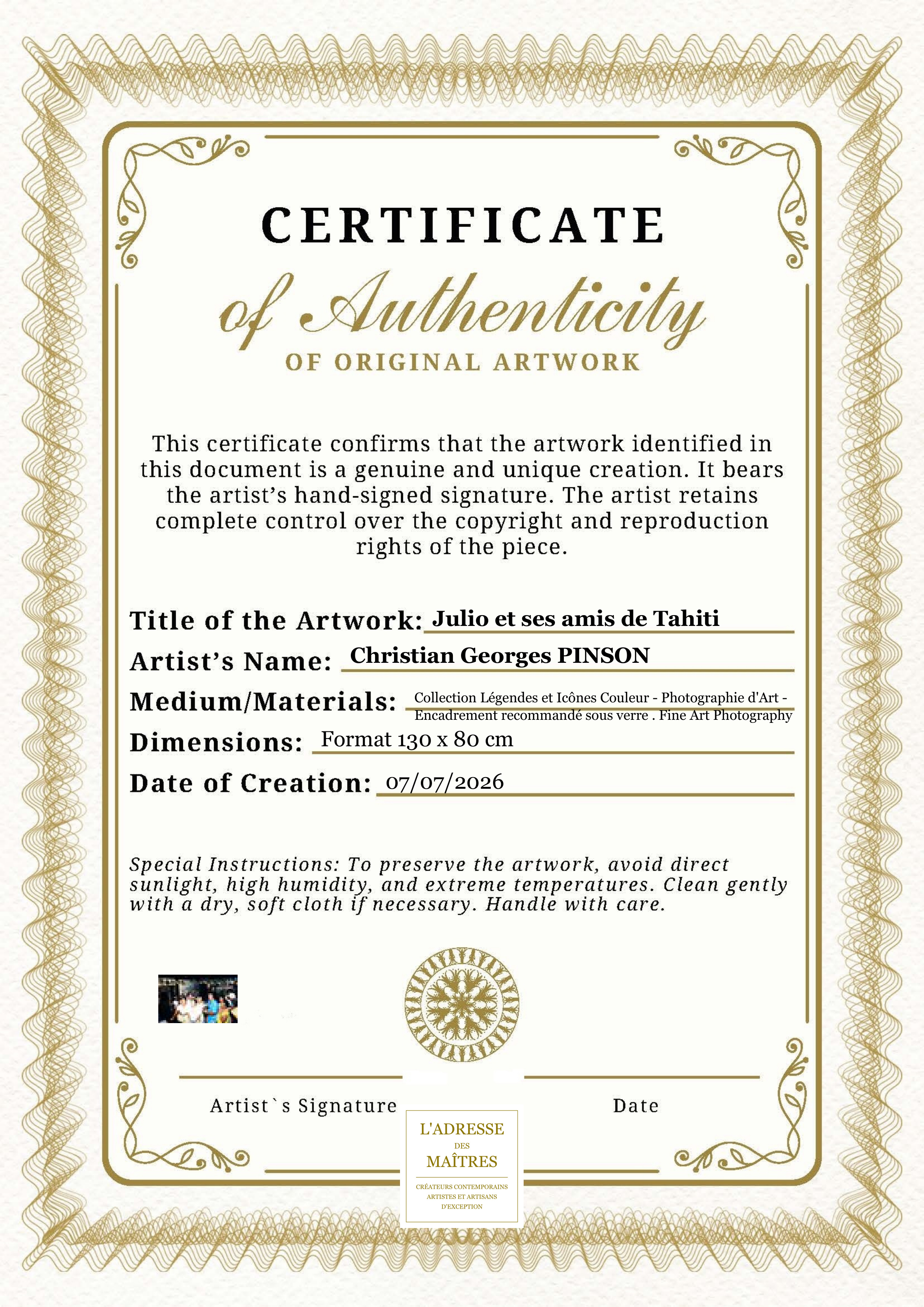 Certificat d'authenticité — Julio et ses amis de Tahiti — Christian Georges PINSON
