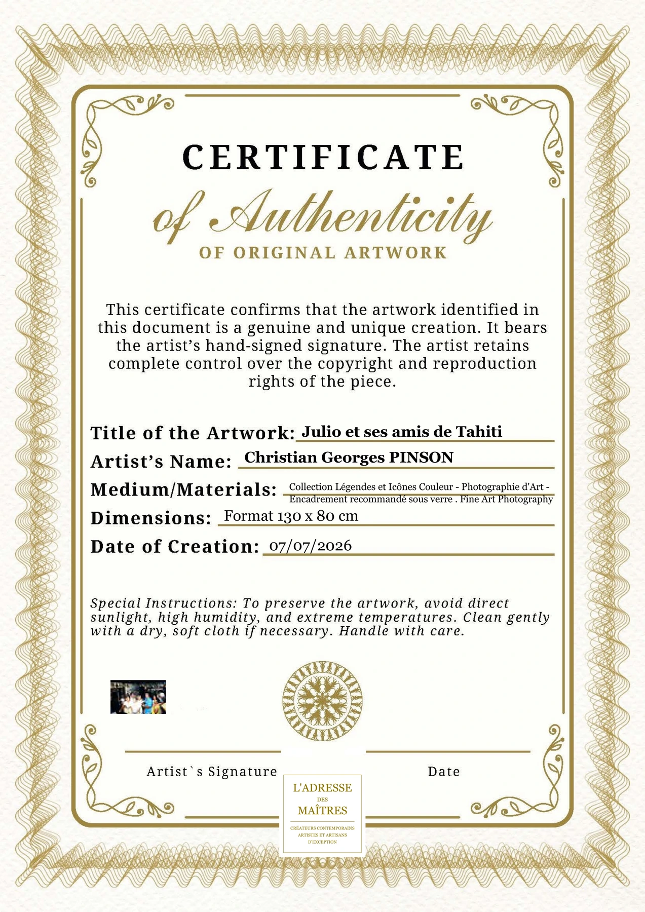 Certificat d'authenticité - Julio et ses amis de Tahiti - Christian Georges PINSON
