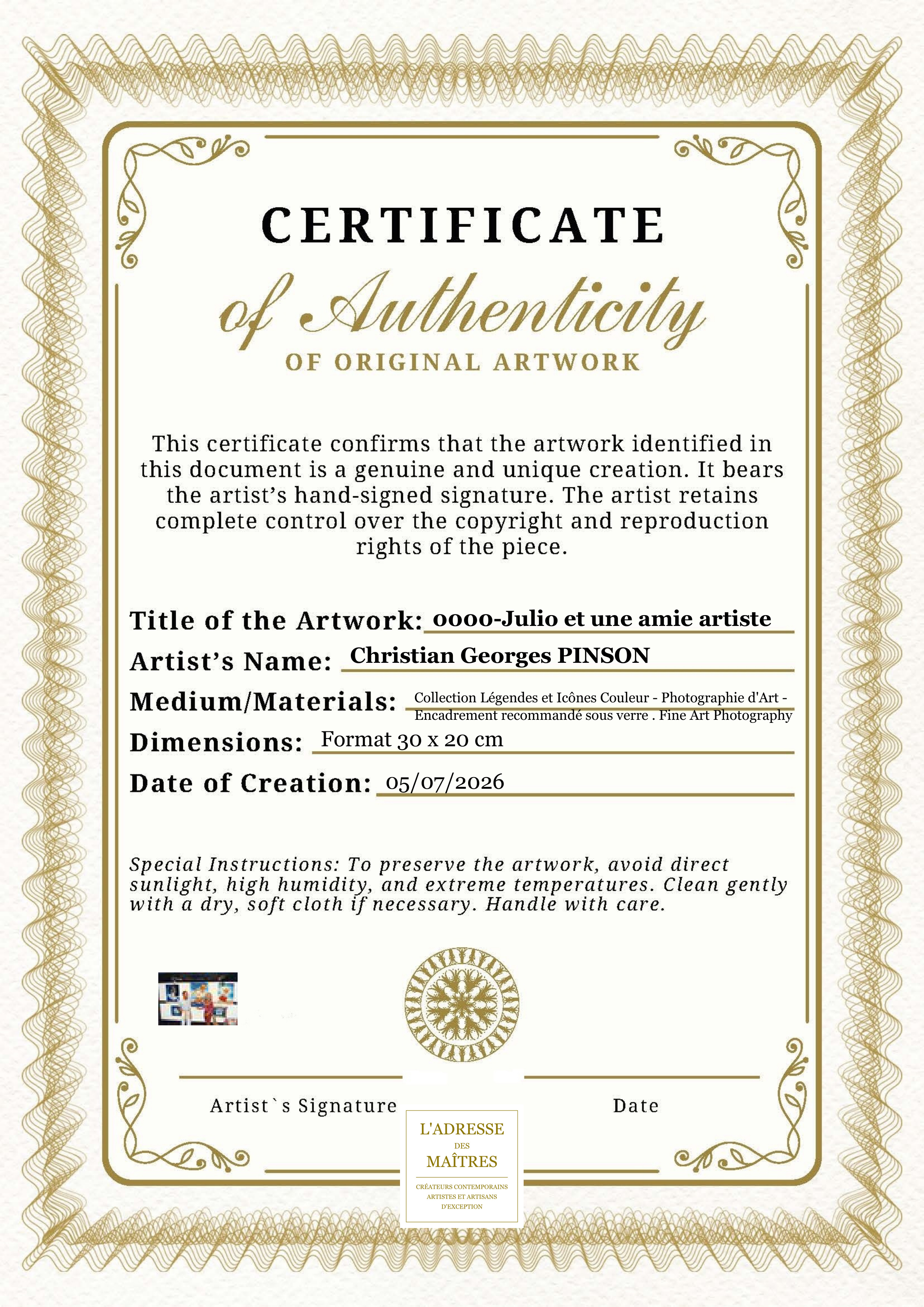 Certificat d'authenticité — 0000-Julio et une amie artiste — Christian Georges PINSON