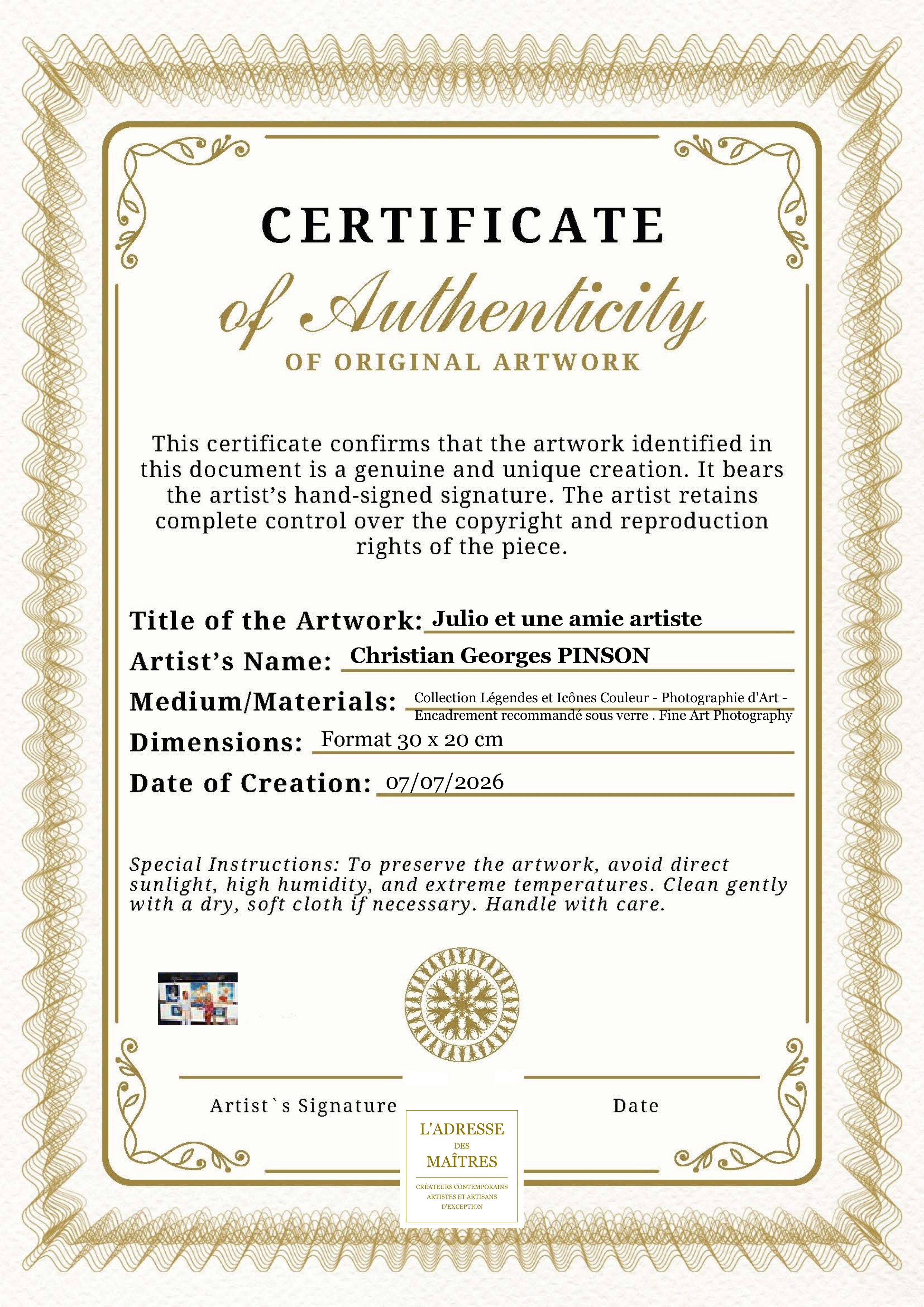 Certificat d'authenticité — Julio et une amie artiste — Christian Georges PINSON