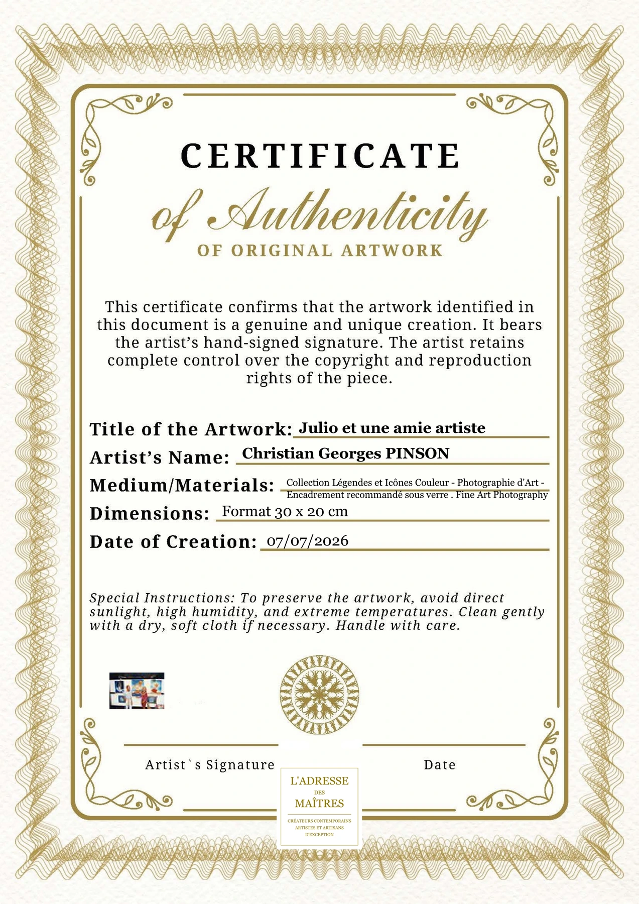Certificat d'authenticité - Julio et une amie artiste - Christian Georges PINSON