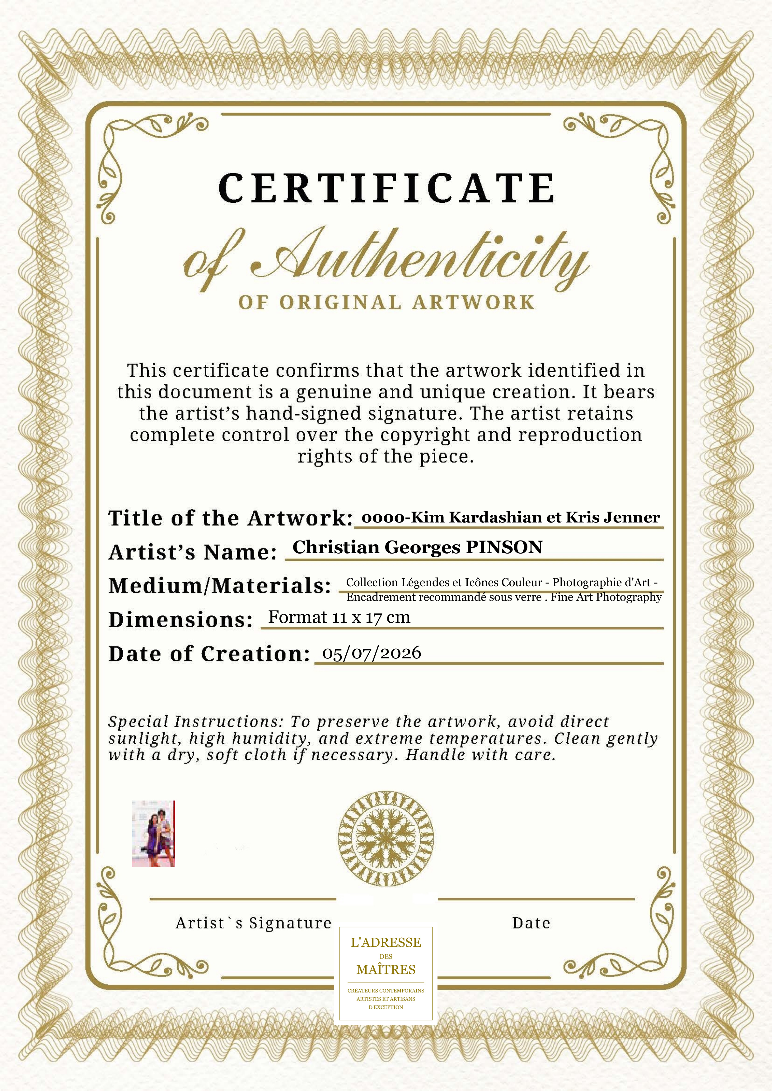 Certificat d'authenticité — 0000-Kim Kardashian et Kris Jenner — Christian Georges PINSON