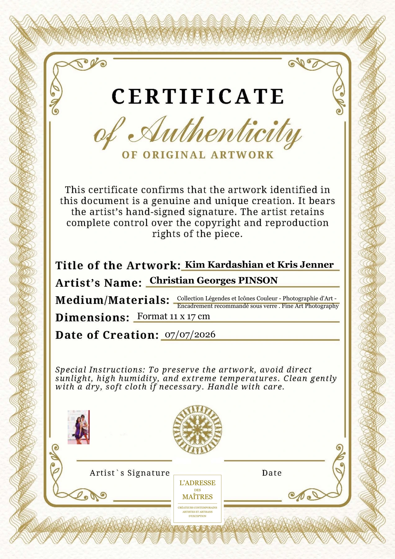 Certificat d'authenticité - Kim Kardashian et Kris Jenner - Christian Georges PINSON