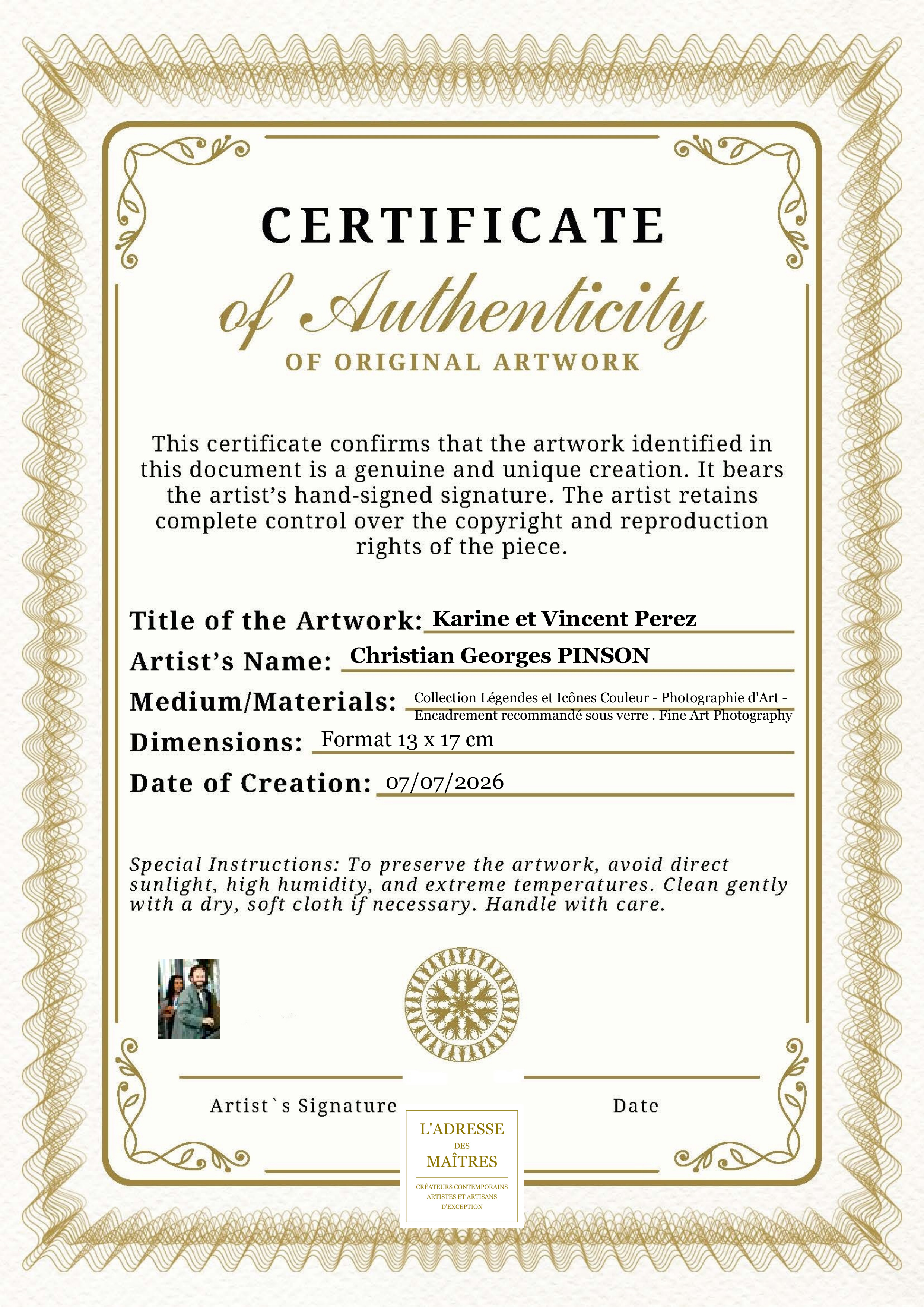 Certificat d'authenticité — Karine et Vincent Perez — Christian Georges PINSON