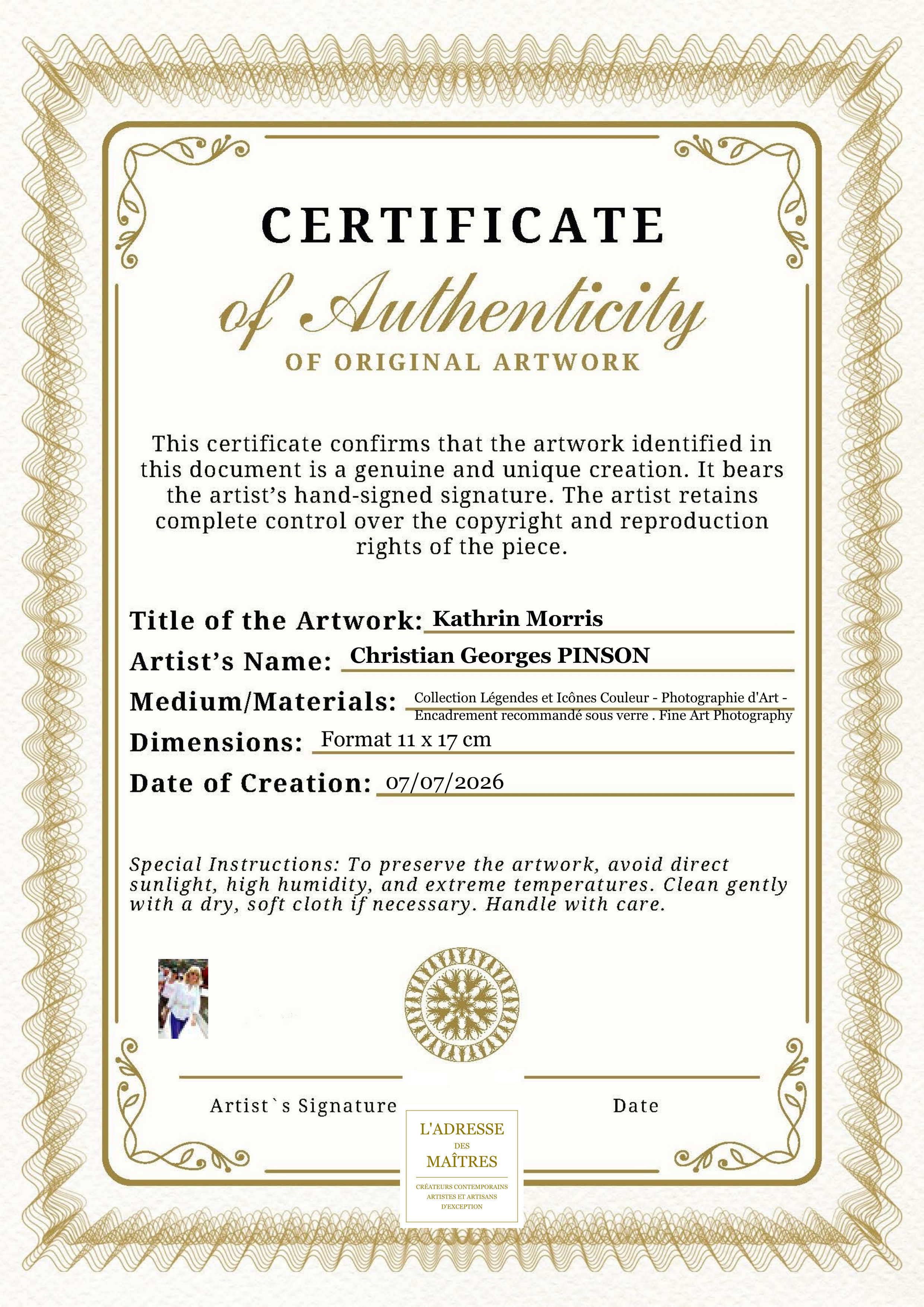 Certificat d'authenticité — Kathrin Morris — Christian Georges PINSON