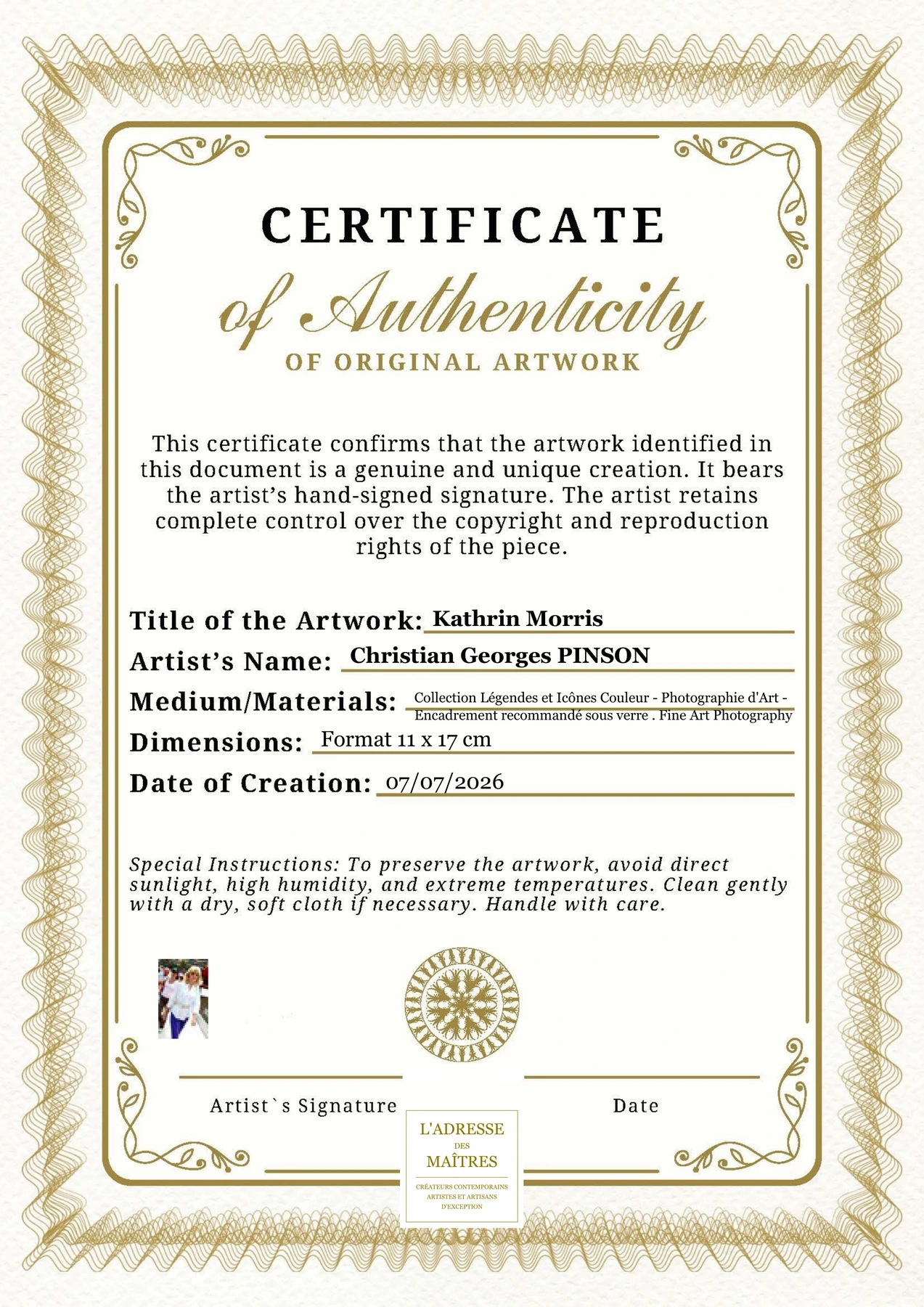Certificat d'authenticité - Kathrin Morris - Christian Georges PINSON