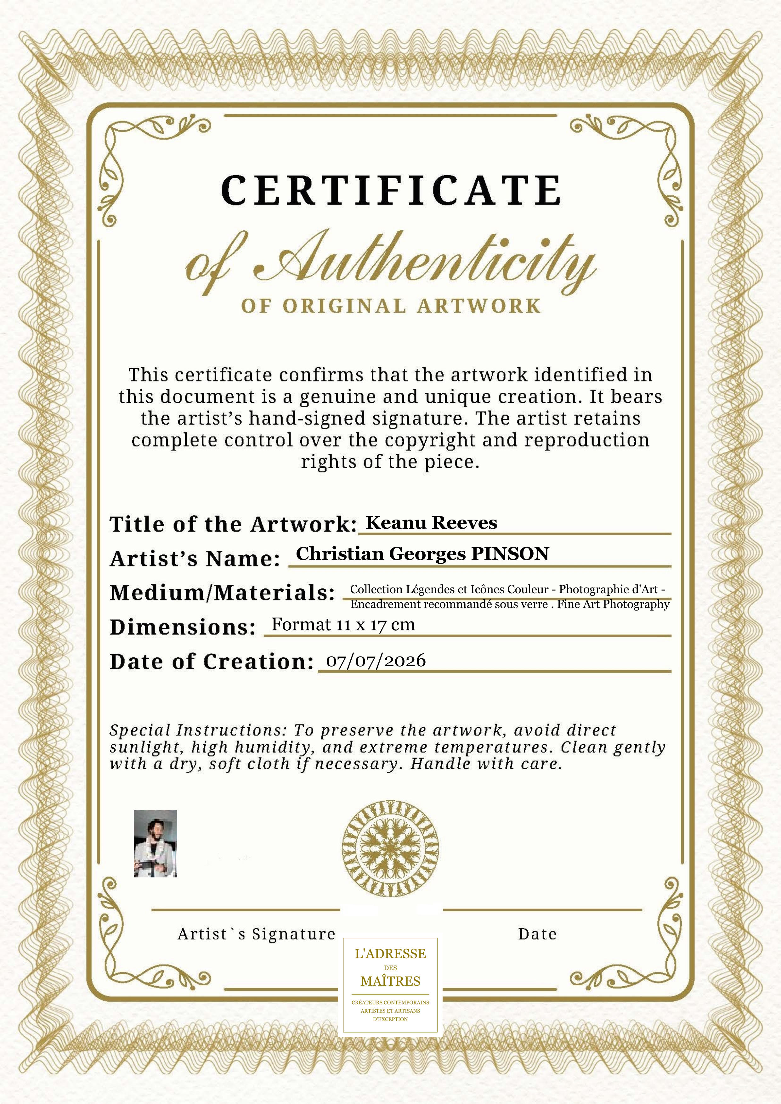 Certificat d'authenticité — Keanu Reeves — Christian Georges PINSON