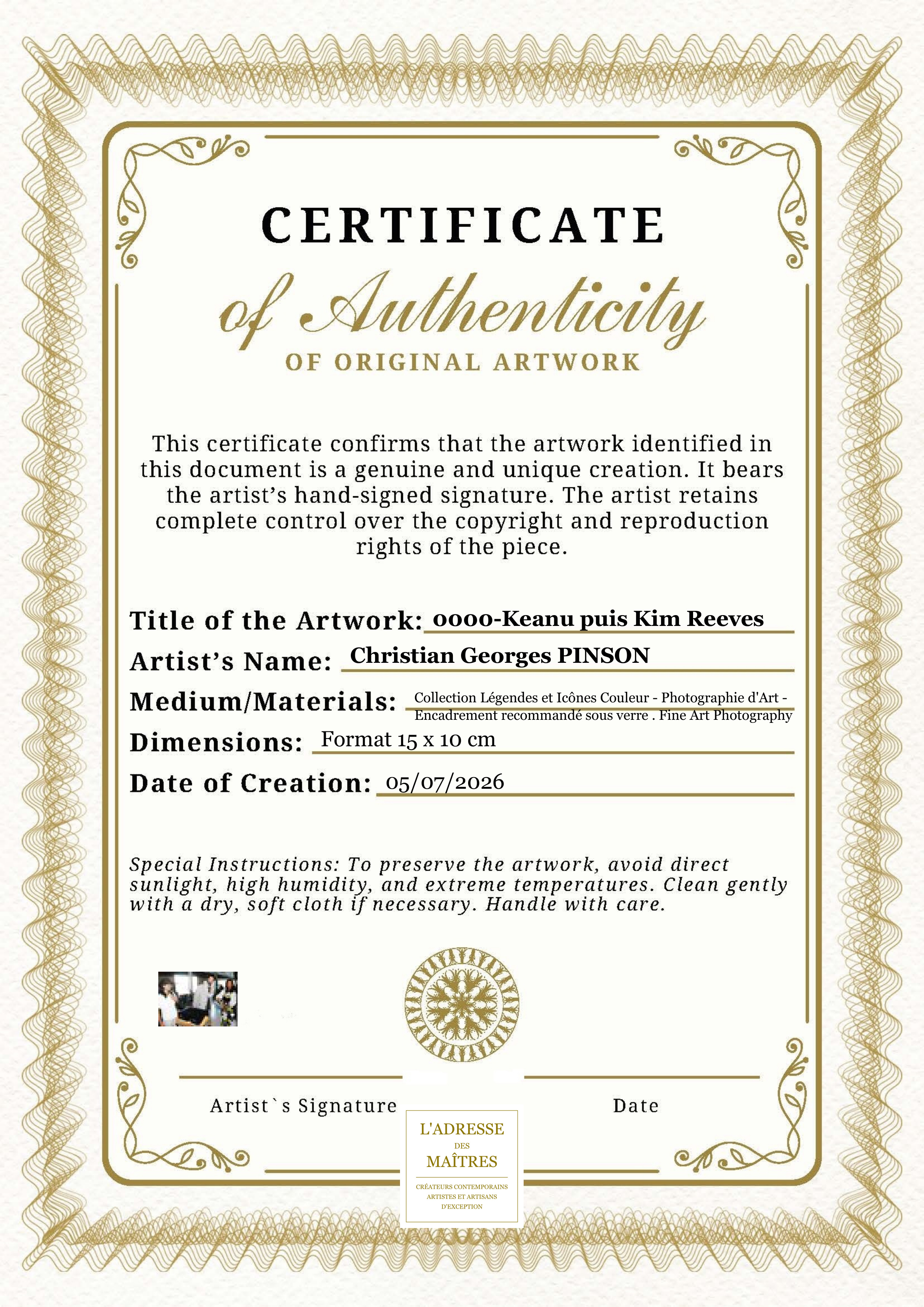Certificat d'authenticité — 0000-Keanu puis Kim Reeves — Christian Georges PINSON