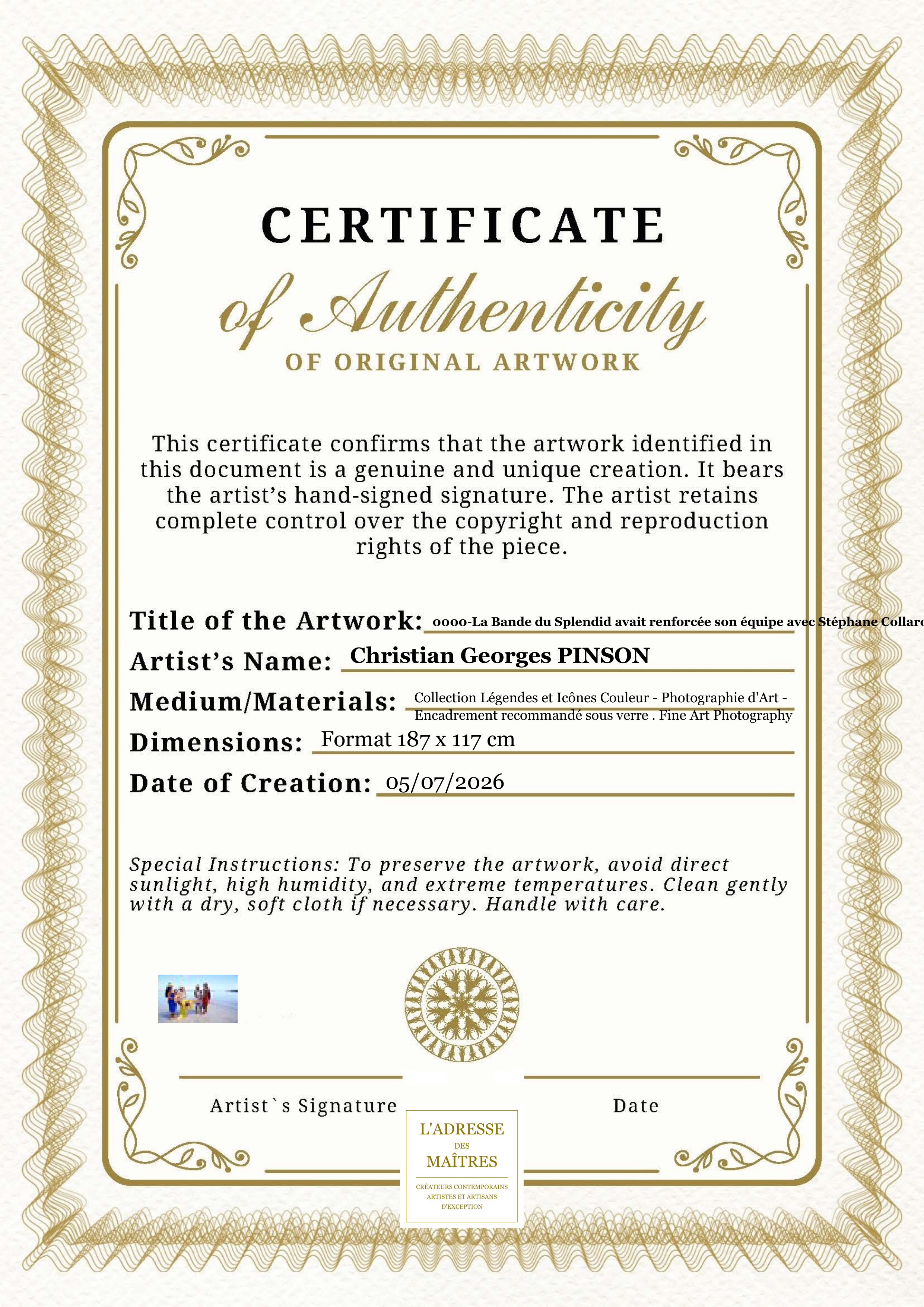 Certificat d'authenticité — 0000-La Bande du Splendid avait renforcée son équipe avec Stéphane Collaro — Christian Georges PINSON