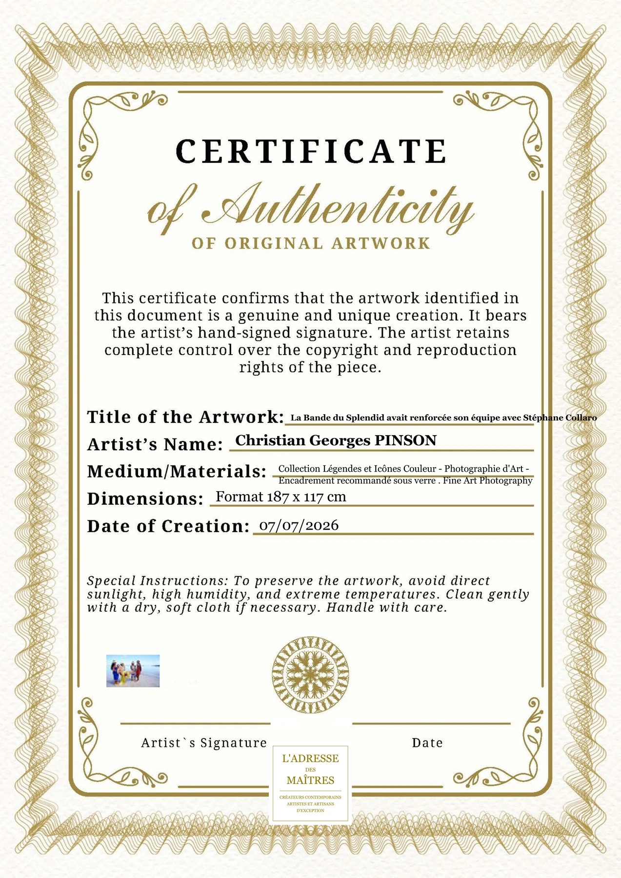 Certificat d'authenticité - La Bande du Splendid avait renforcée son équipe avec Stéphane Collaro - Christian Georges PINSON
