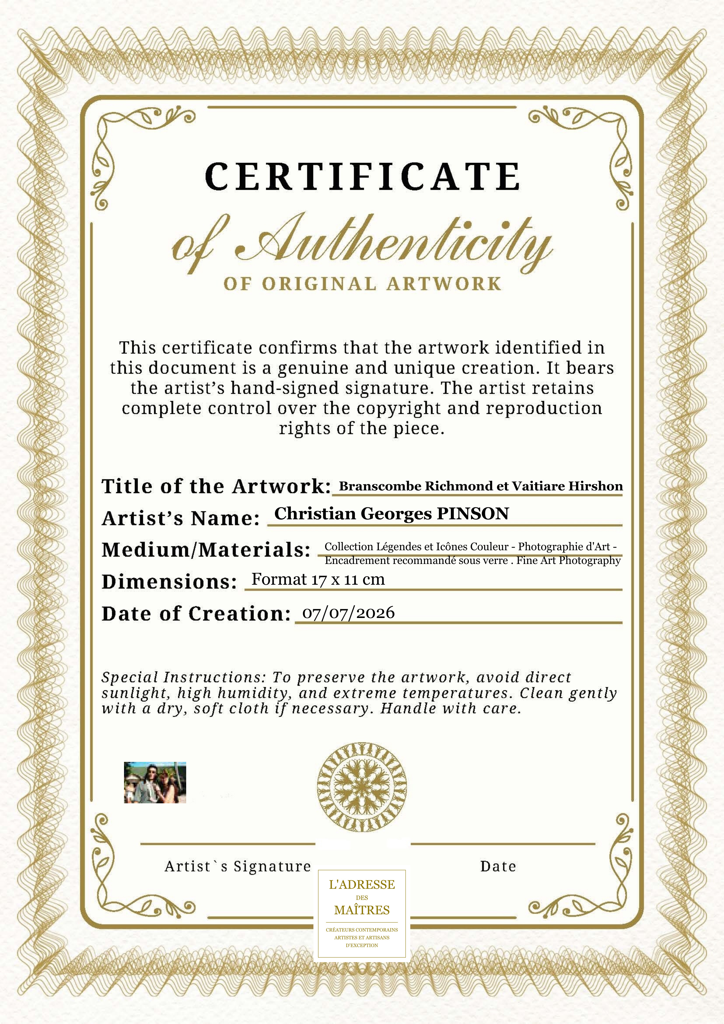 Certificat d'authenticité — Branscombe Richmond et Vaitiare Hirshon — Christian Georges PINSON
