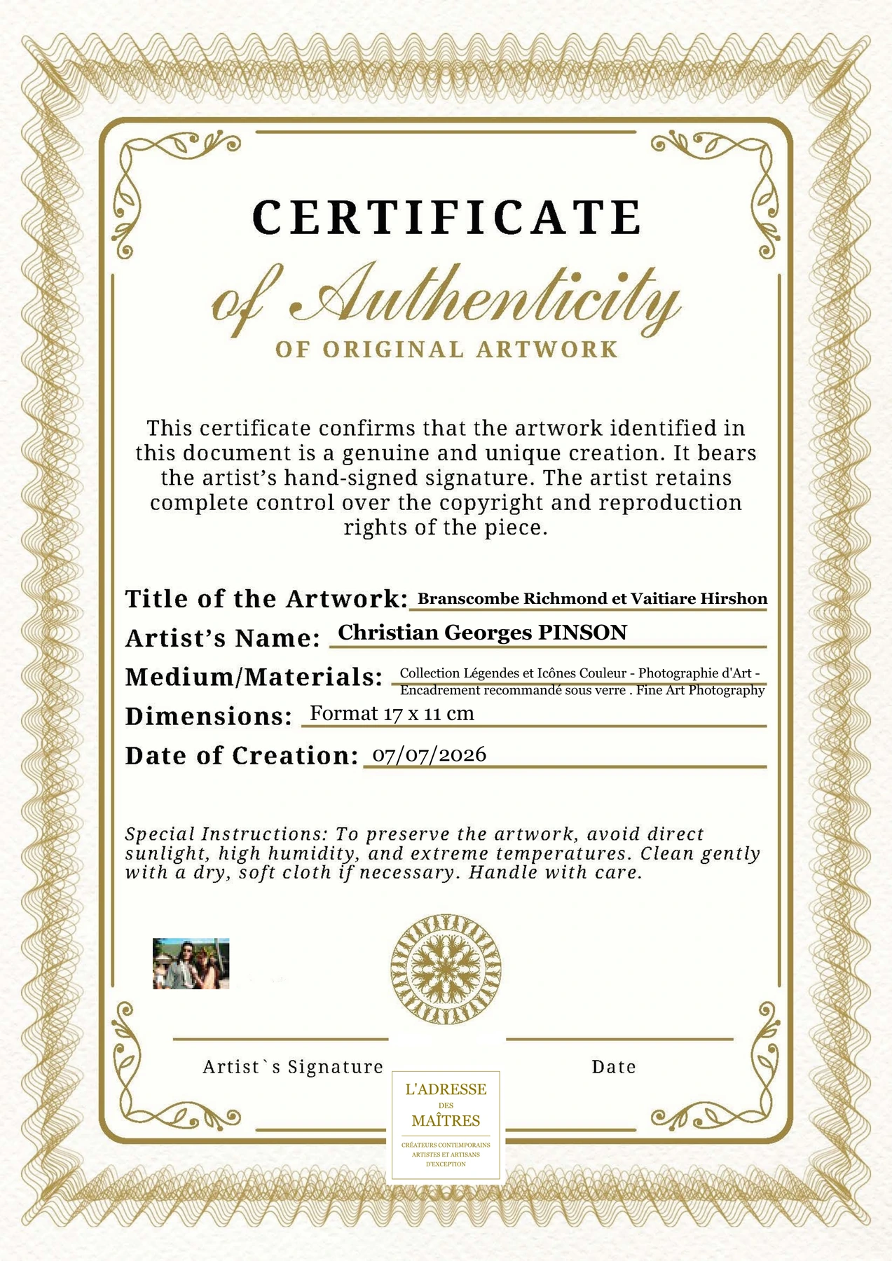 Certificat d'authenticité - Branscombe Richmond et Vaitiare Hirshon - Christian Georges PINSON