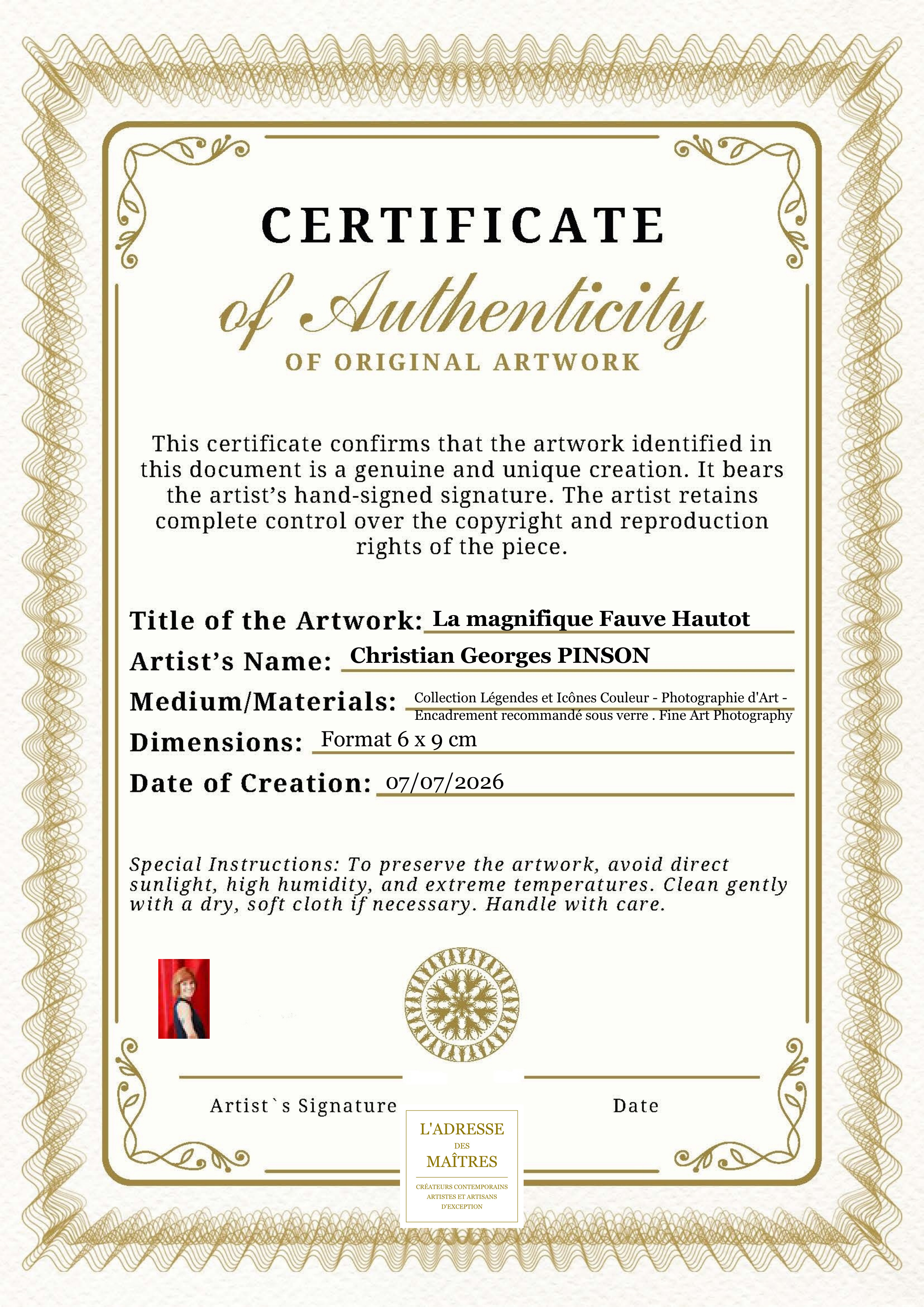 Certificat d'authenticité — La magnifique Fauve Hautot — Christian Georges PINSON