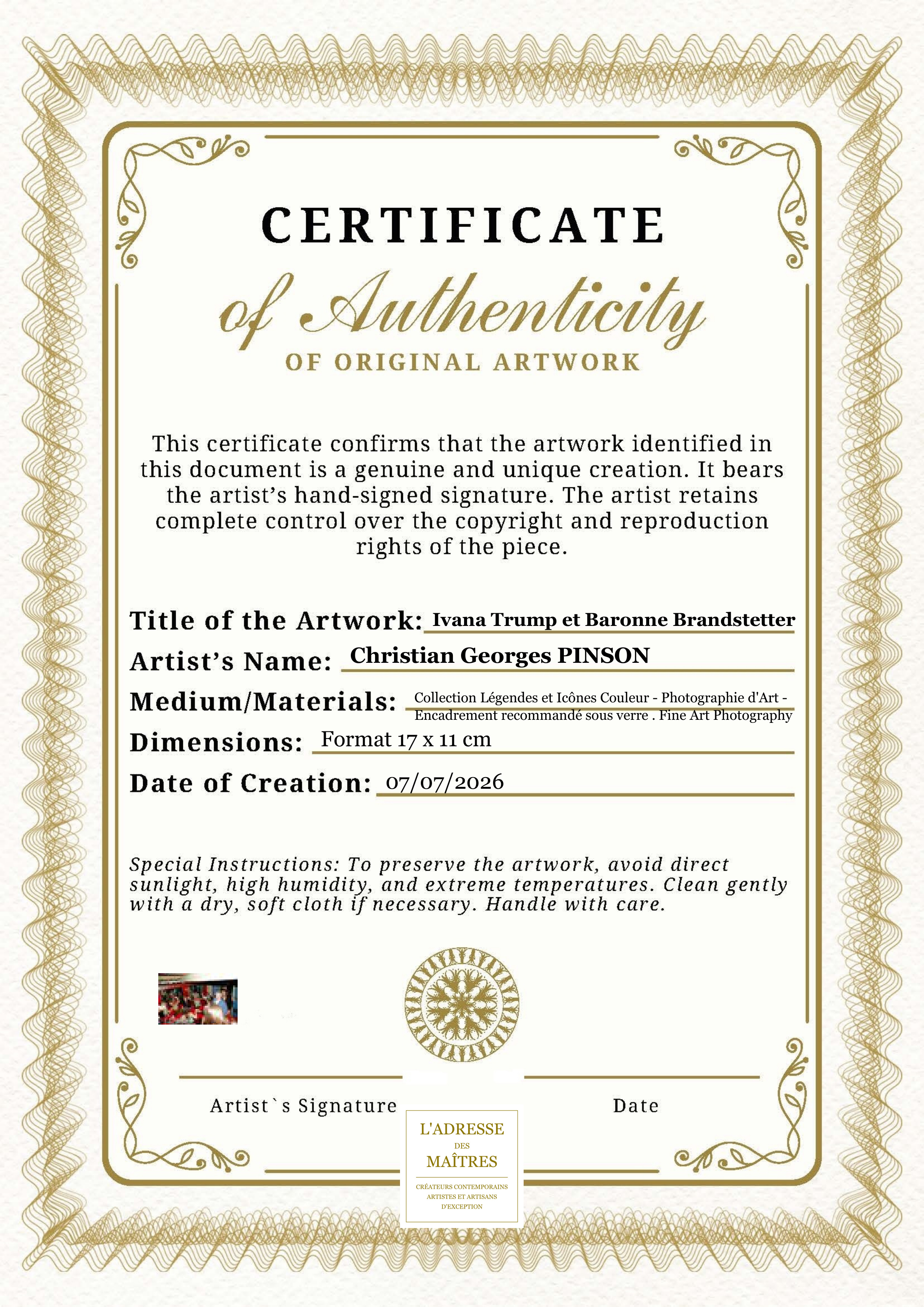Certificat d'authenticité — Ivana Trump et Baronne Brandstetter — Christian Georges PINSON