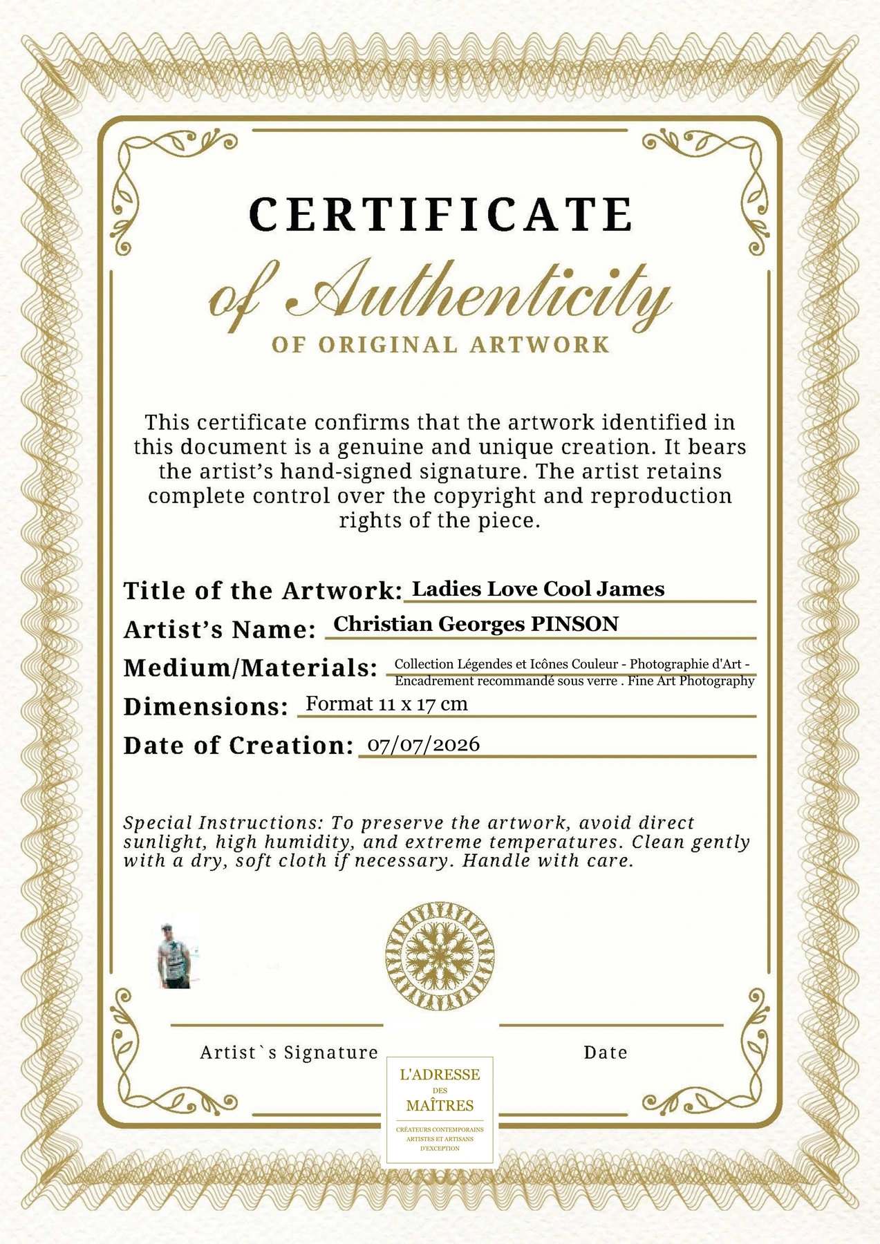 Certificat d'authenticité - Ladies Love Cool James - Christian Georges PINSON