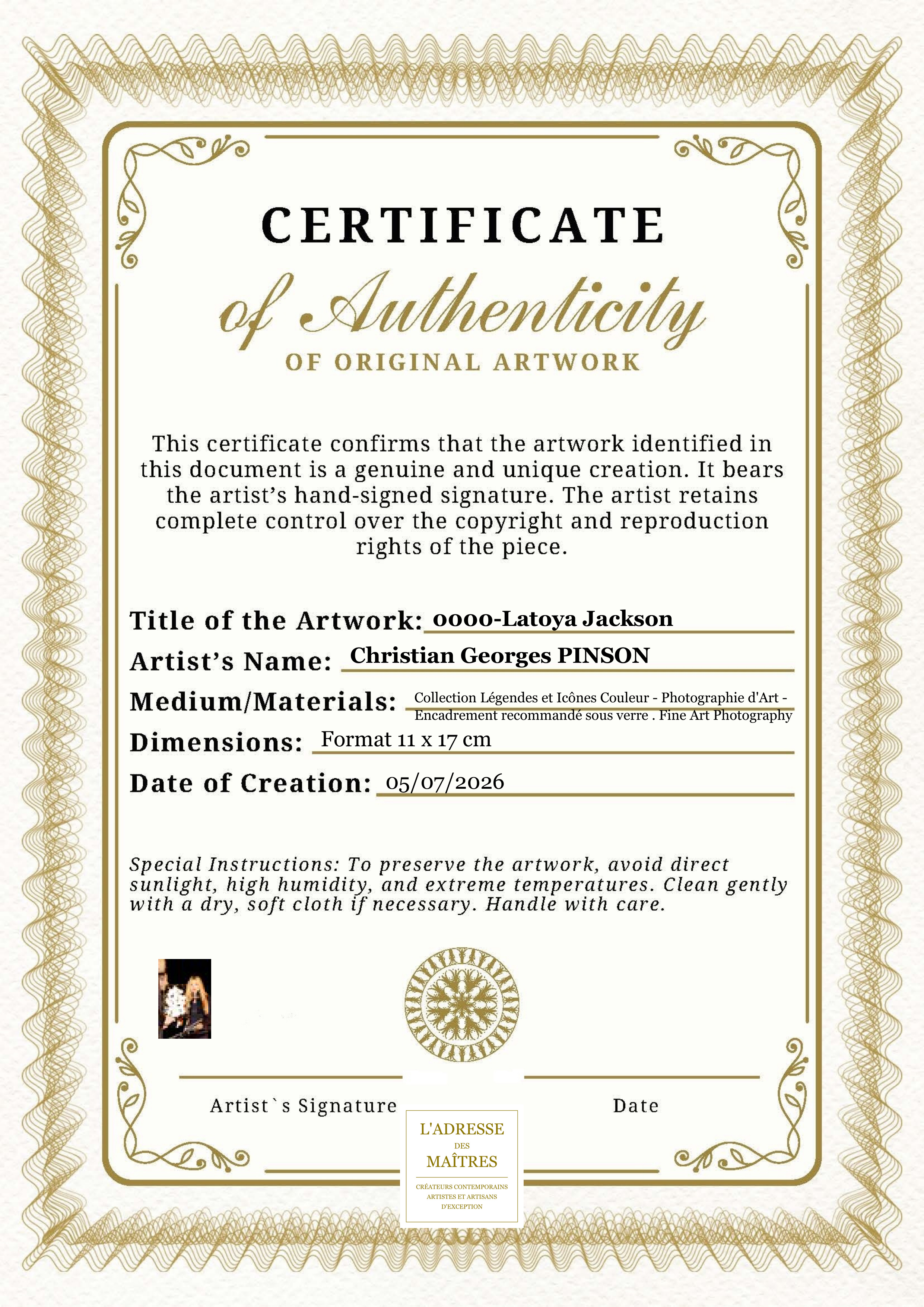 Certificat d'authenticité — 0000-Latoya Jackson — Christian Georges PINSON
