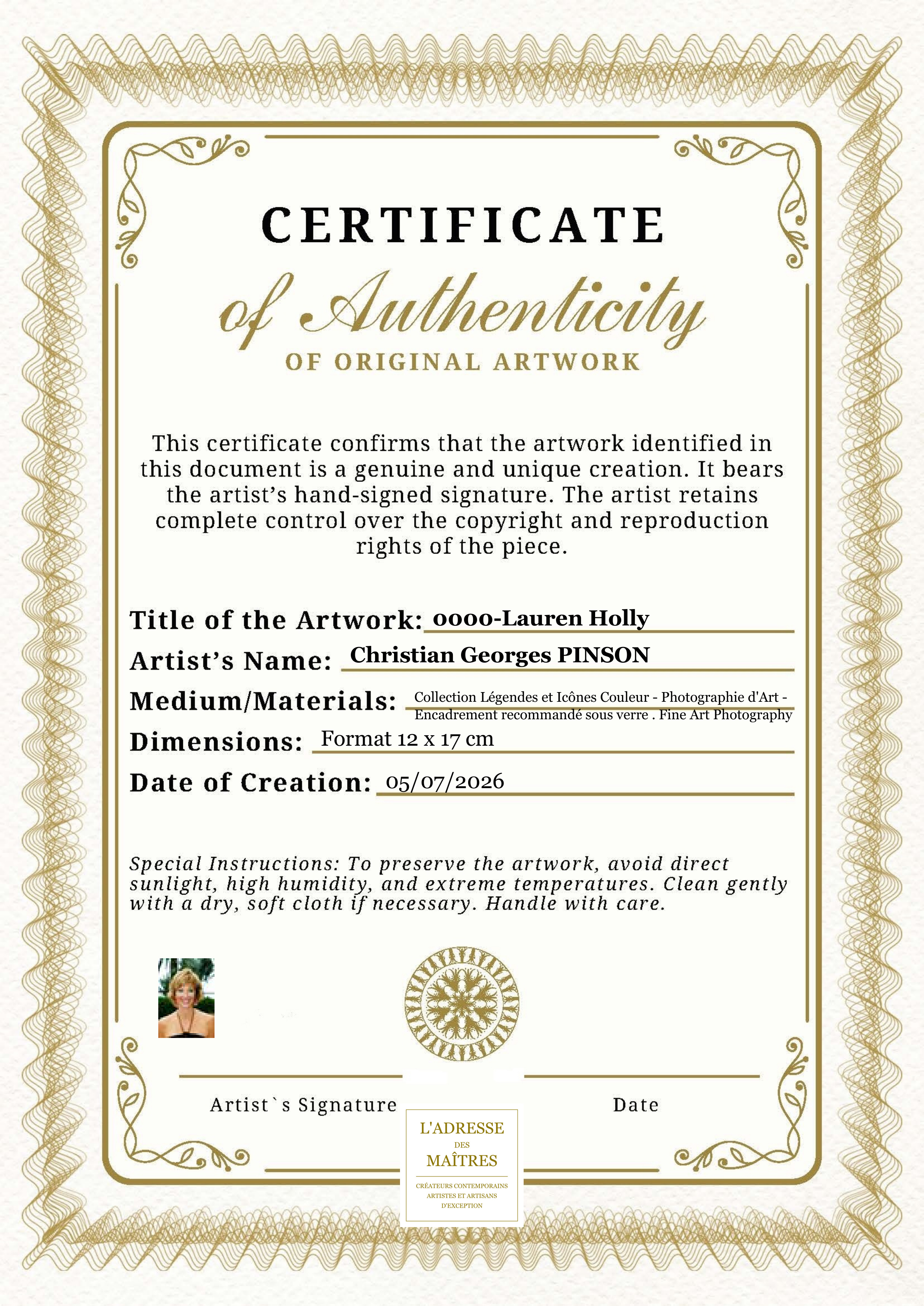 Certificat d'authenticité — 0000-Lauren Holly — Christian Georges PINSON