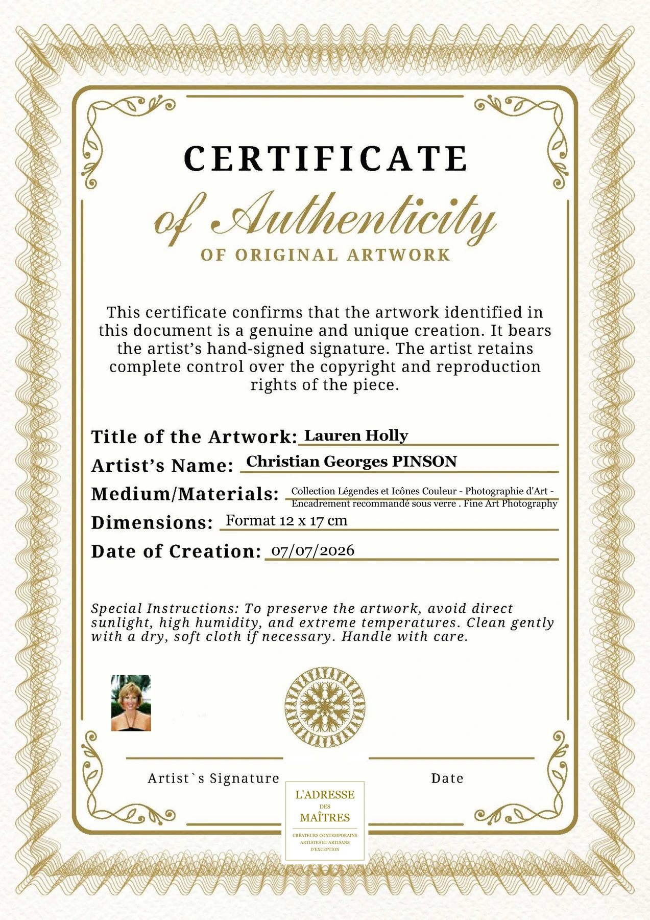 Certificat d'authenticité - Lauren Holly - Christian Georges PINSON
