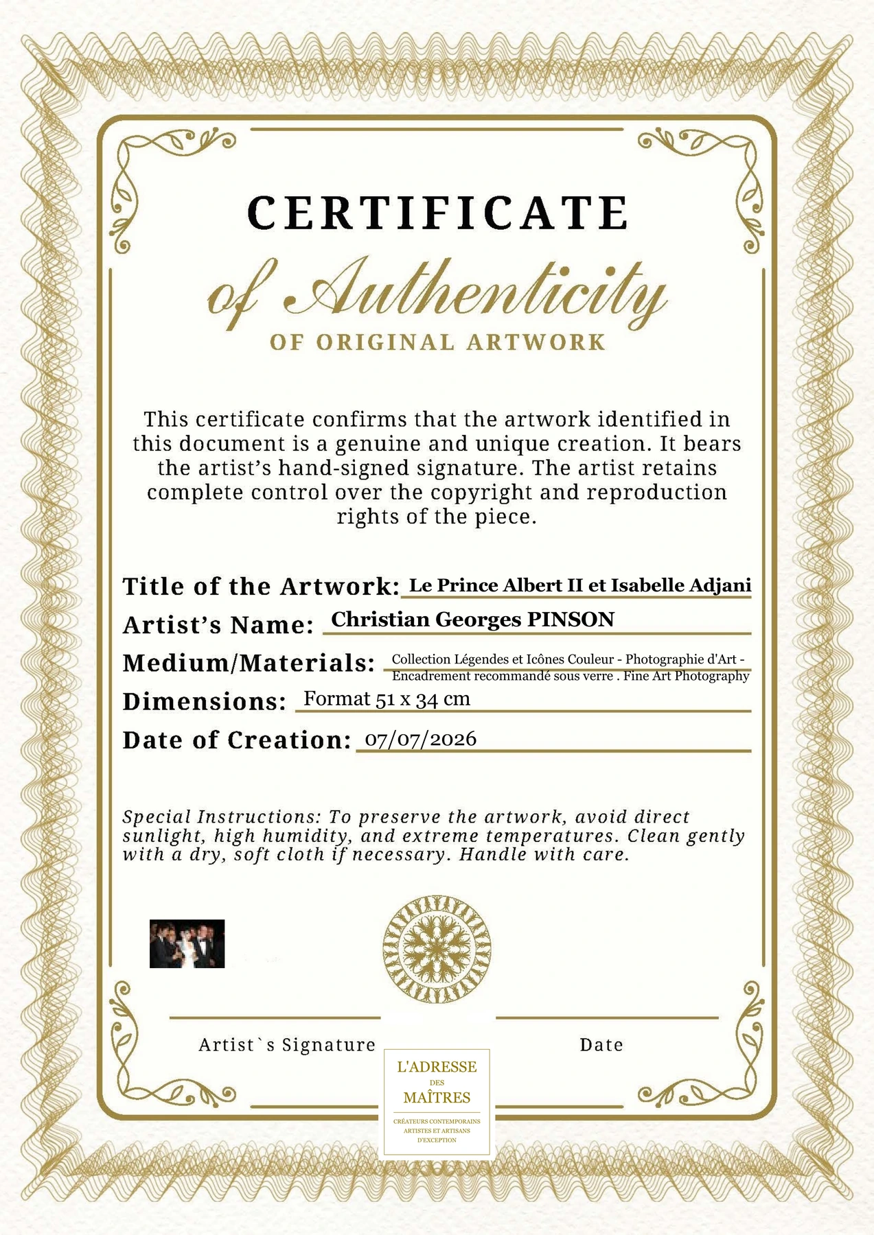 Certificat d'authenticité - Le Prince Albert II et Isabelle Adjani - Christian Georges PINSON