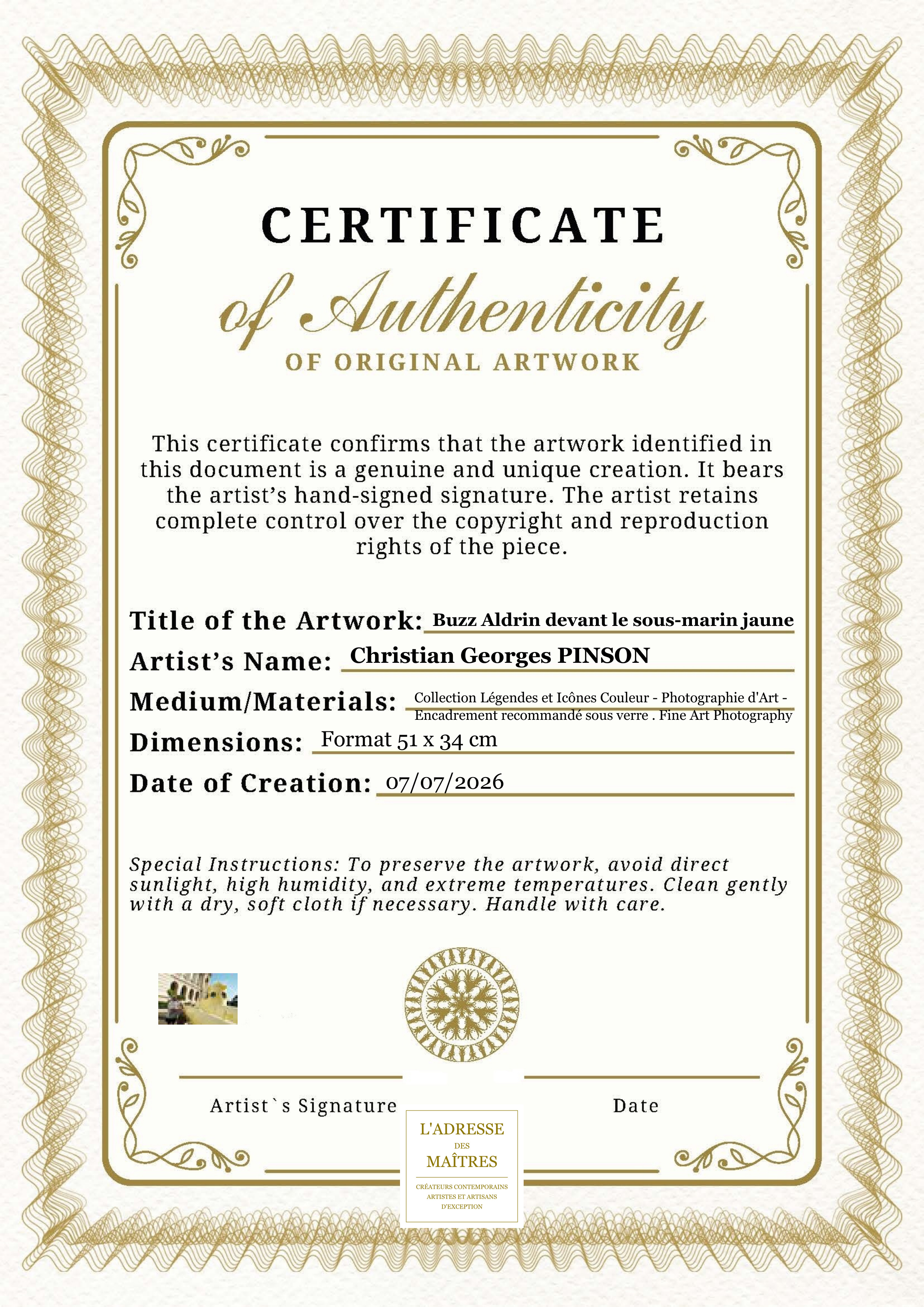 Certificat d'authenticité — Buzz Aldrin devant le sous-marin jaune — Christian Georges PINSON